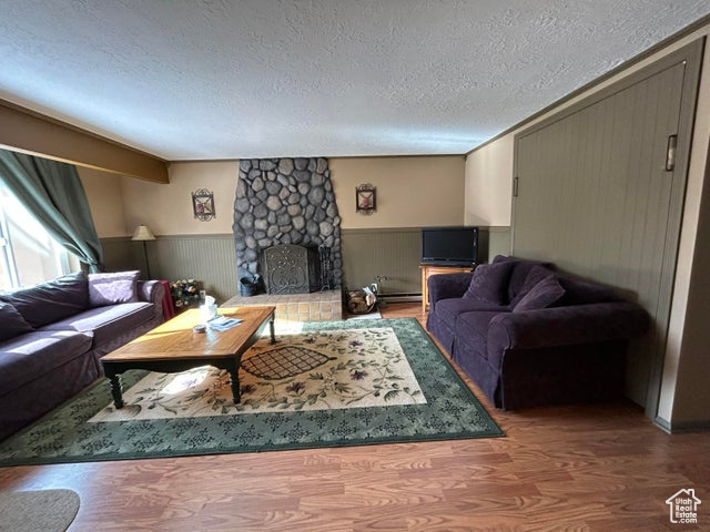 Living room featuring a fireplace, baseboard heating and a murphy bed