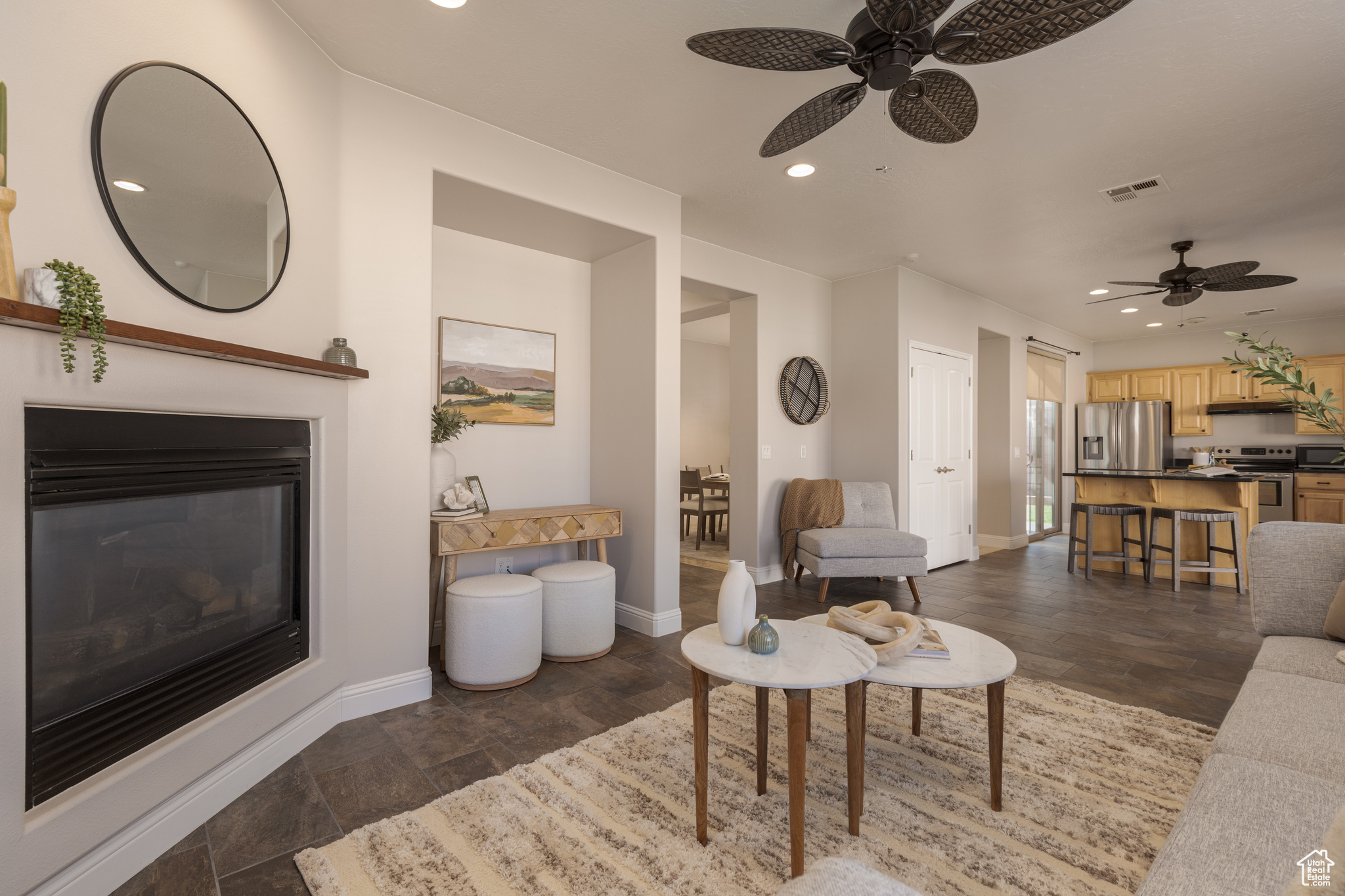 Great room room with recessed lighting, and ceiling fan