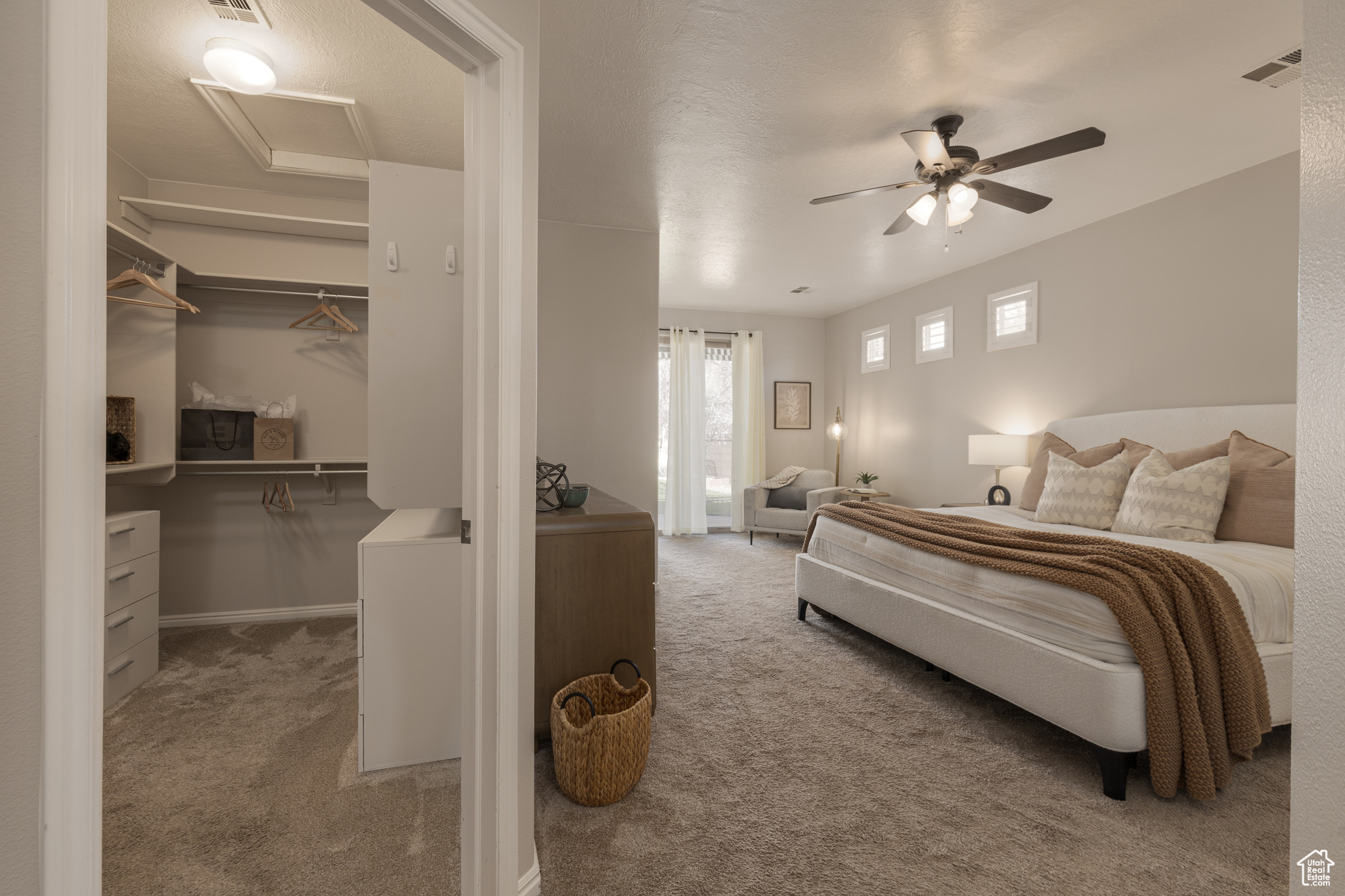 Primary bedroom featuring a large walk in closet and carpet floors,
