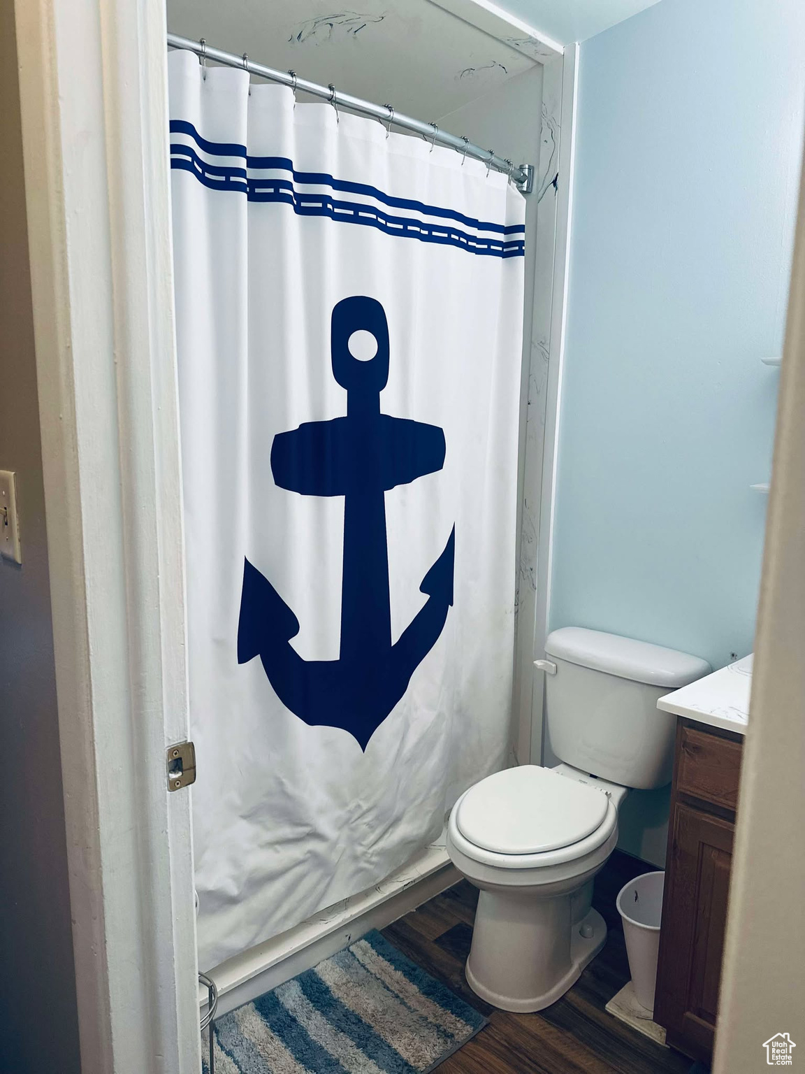 Bathroom with toilet, vanity, and hardwood / wood-style floors