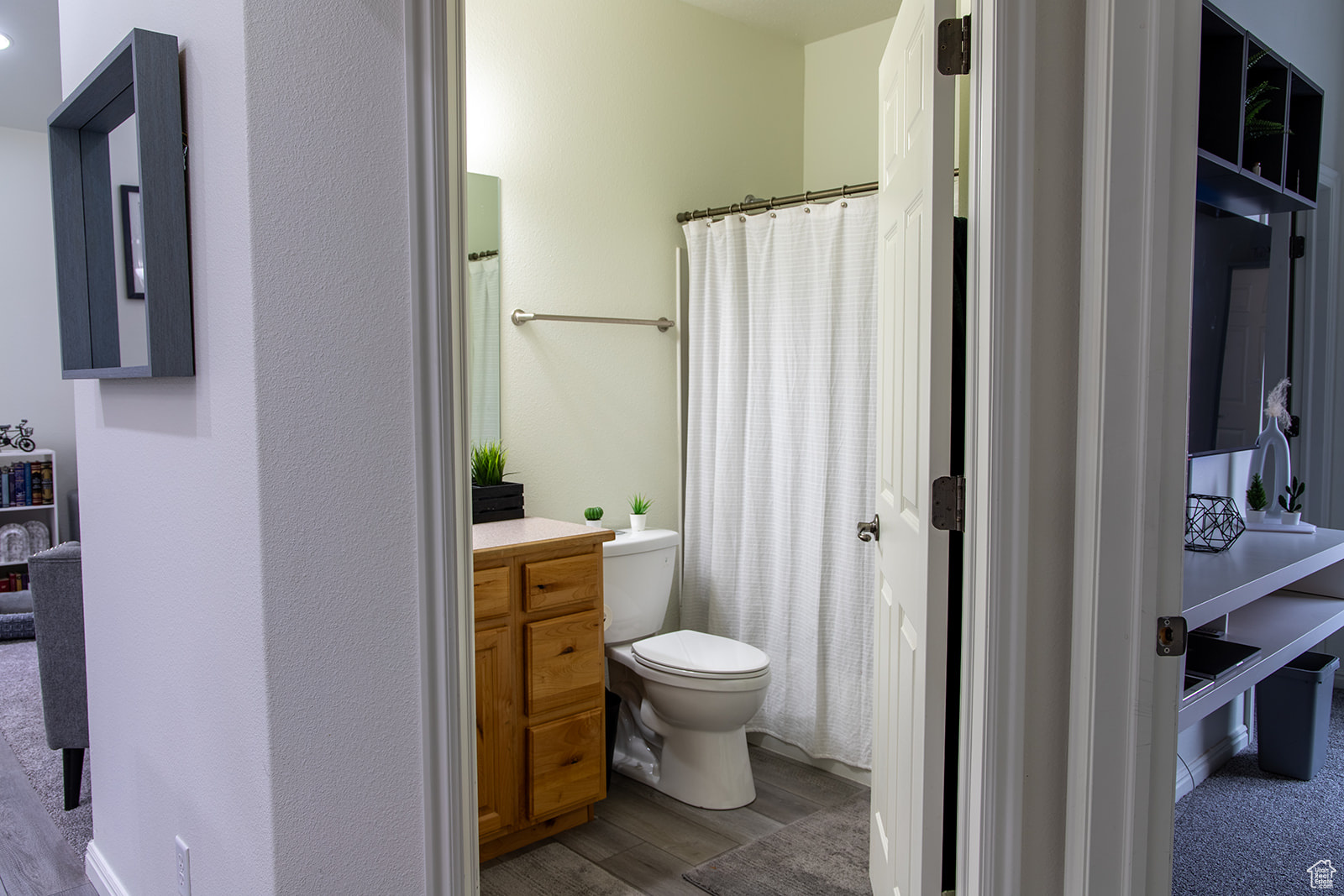 Bathroom featuring toilet, vanity, walk in shower, and wood-type flooring