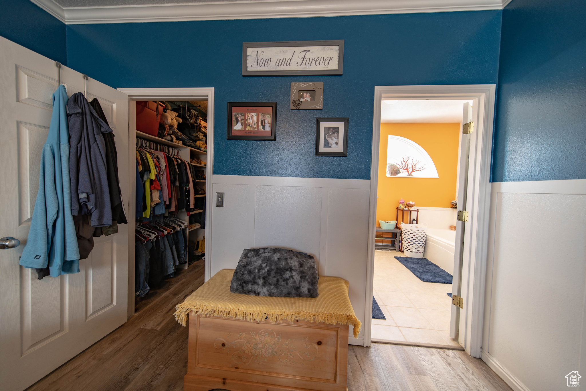 Mudroom featuring hardwood / wood-style flooring and ornamental molding