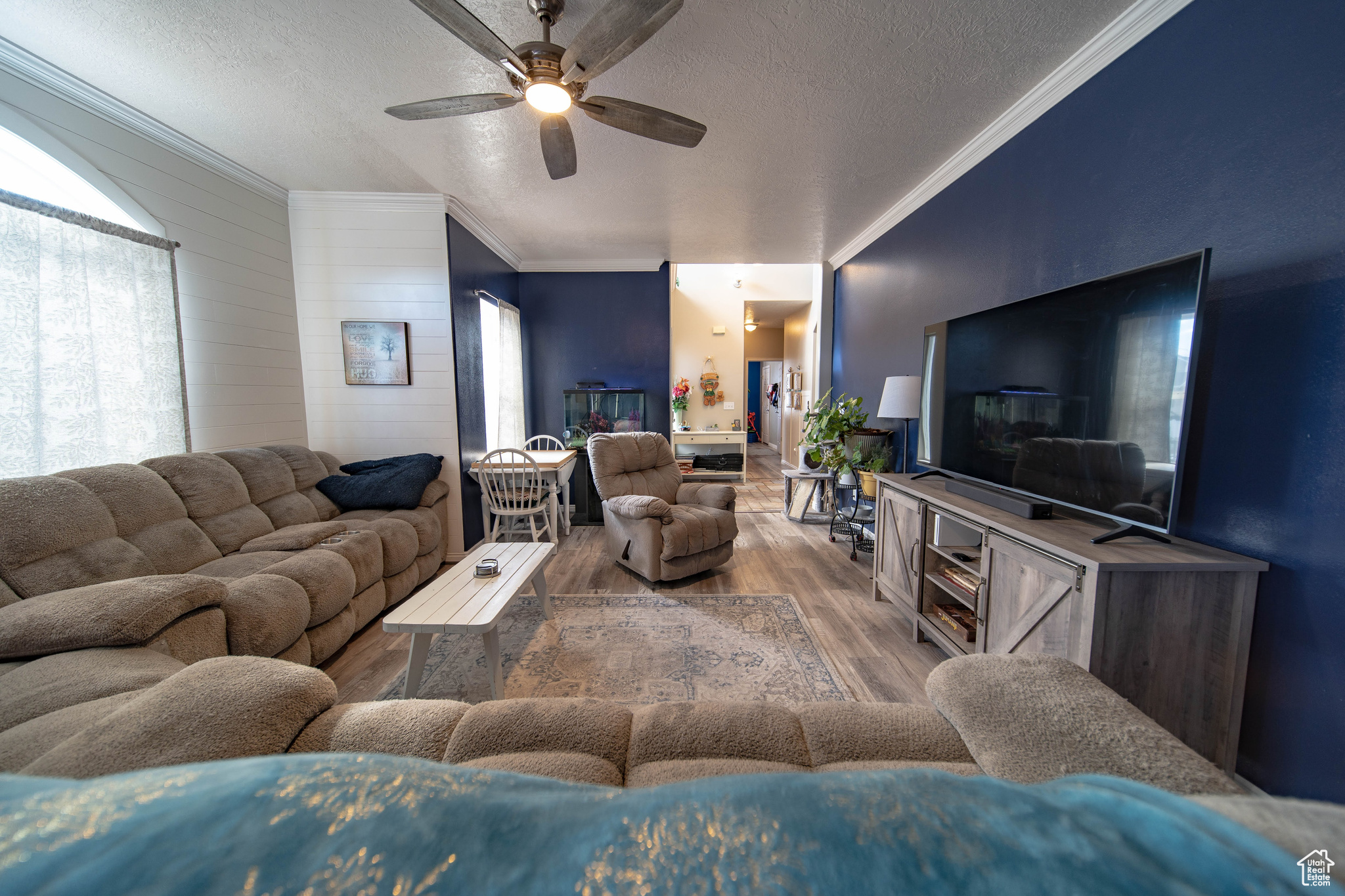 Living room featuring hardwood / wood-style floors, a wealth of natural light, crown molding, and a textured ceiling