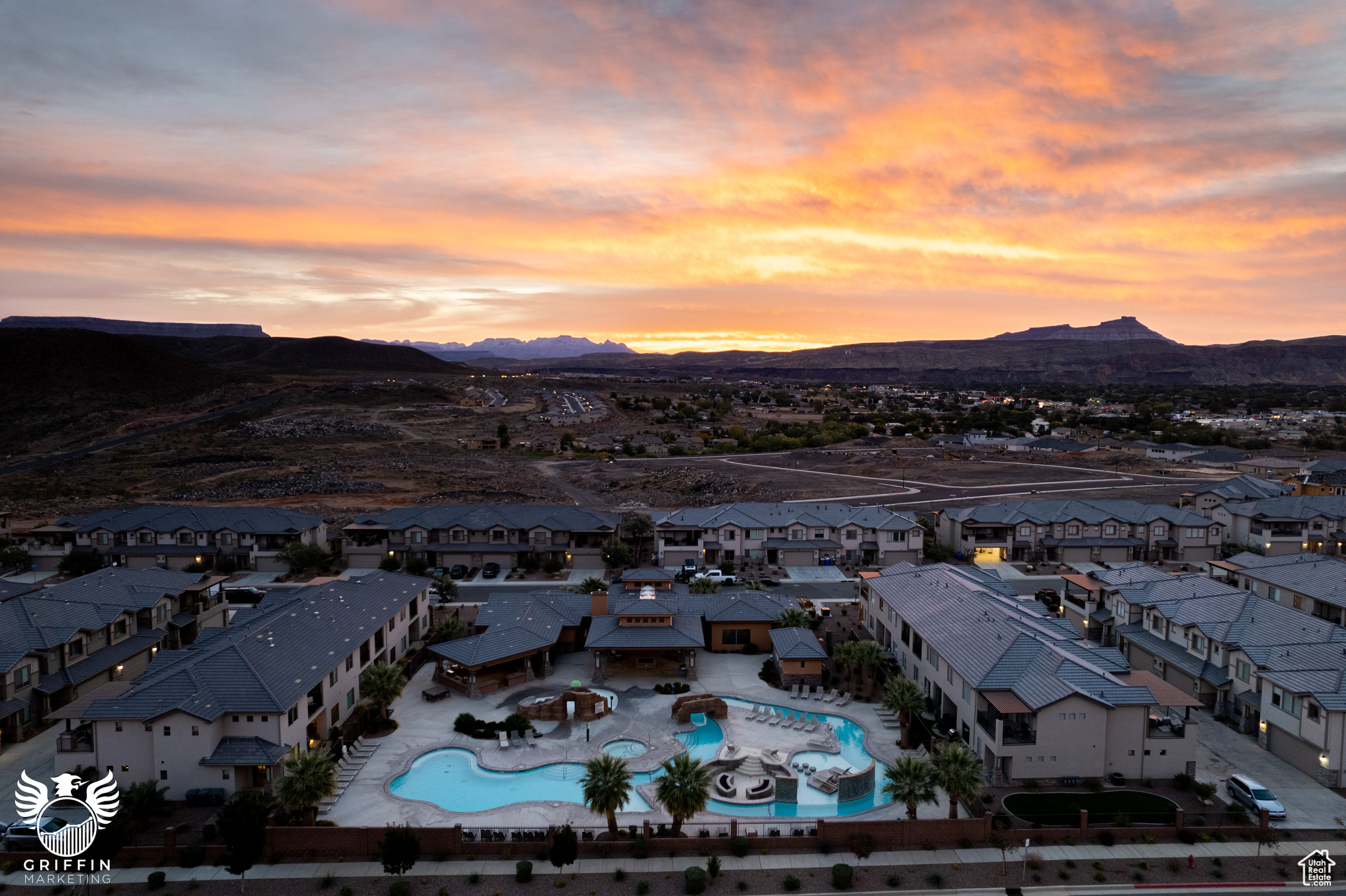 Aerial view at dusk with a mountain view