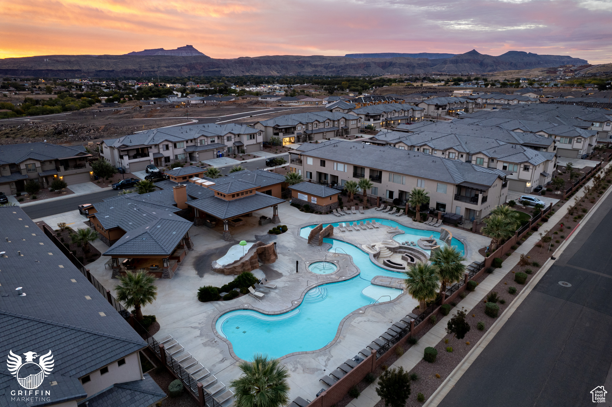 Aerial view at dusk with a mountain view