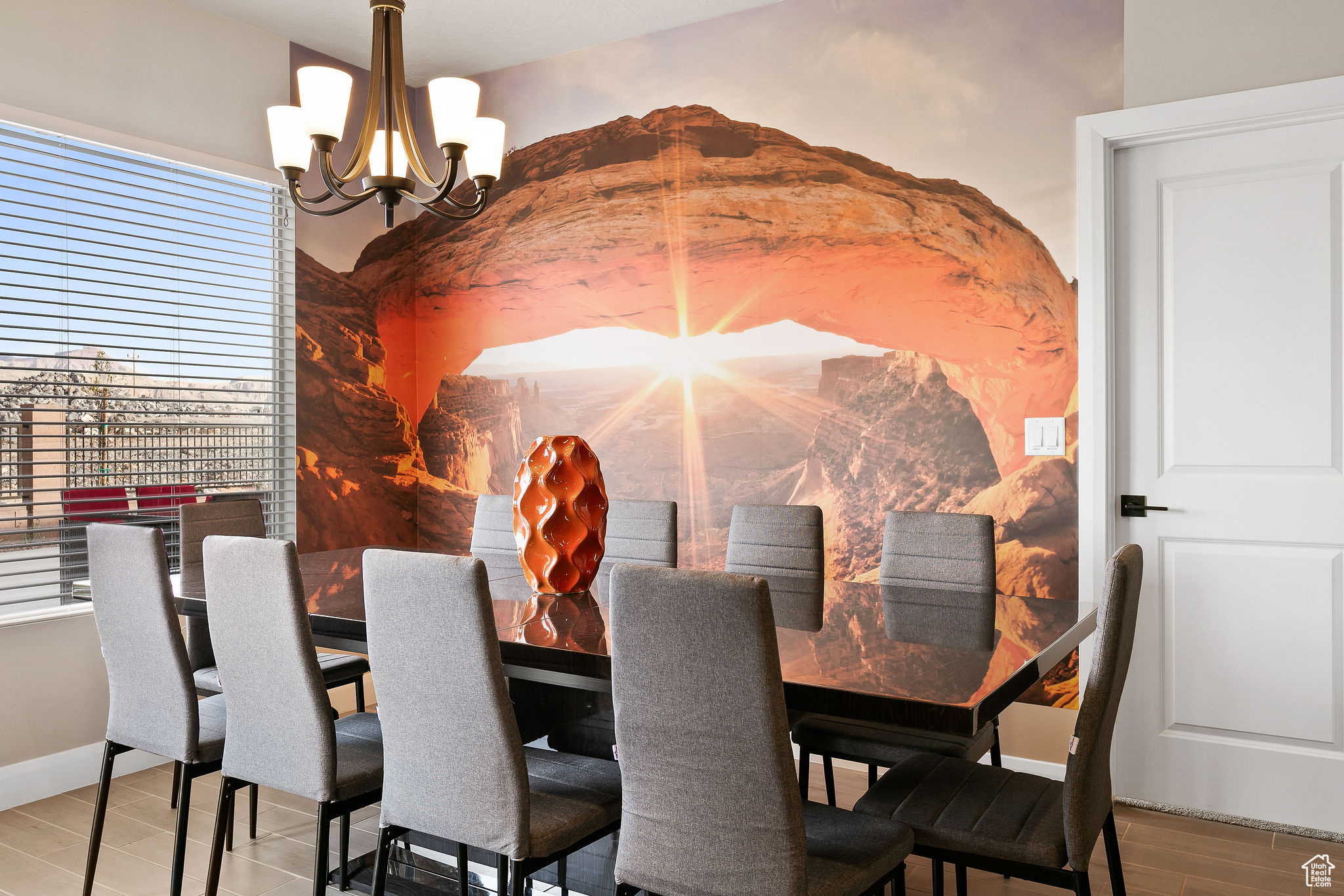 Dining space with a chandelier