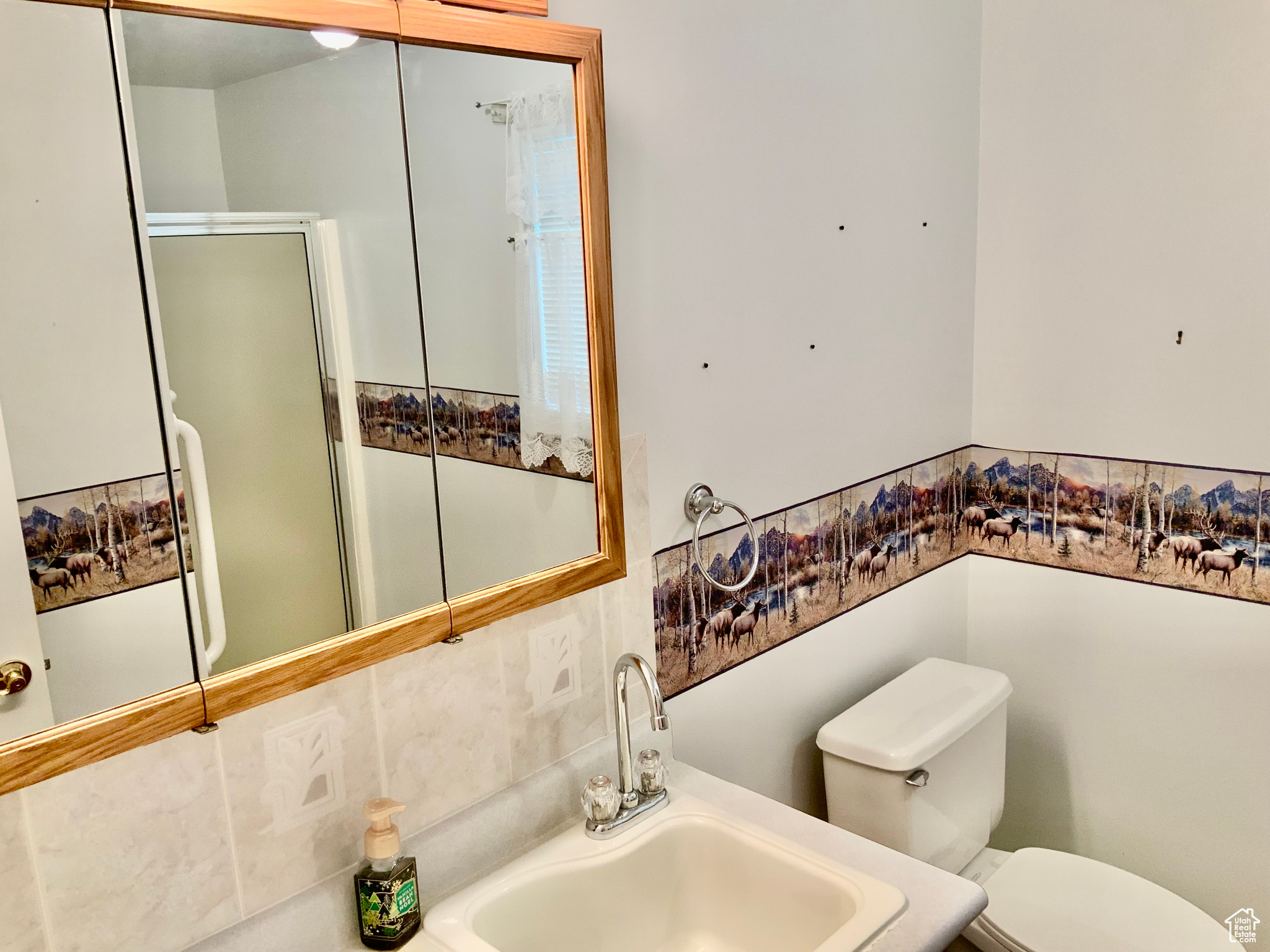 Bathroom featuring sink, toilet, tasteful backsplash, and an enclosed shower