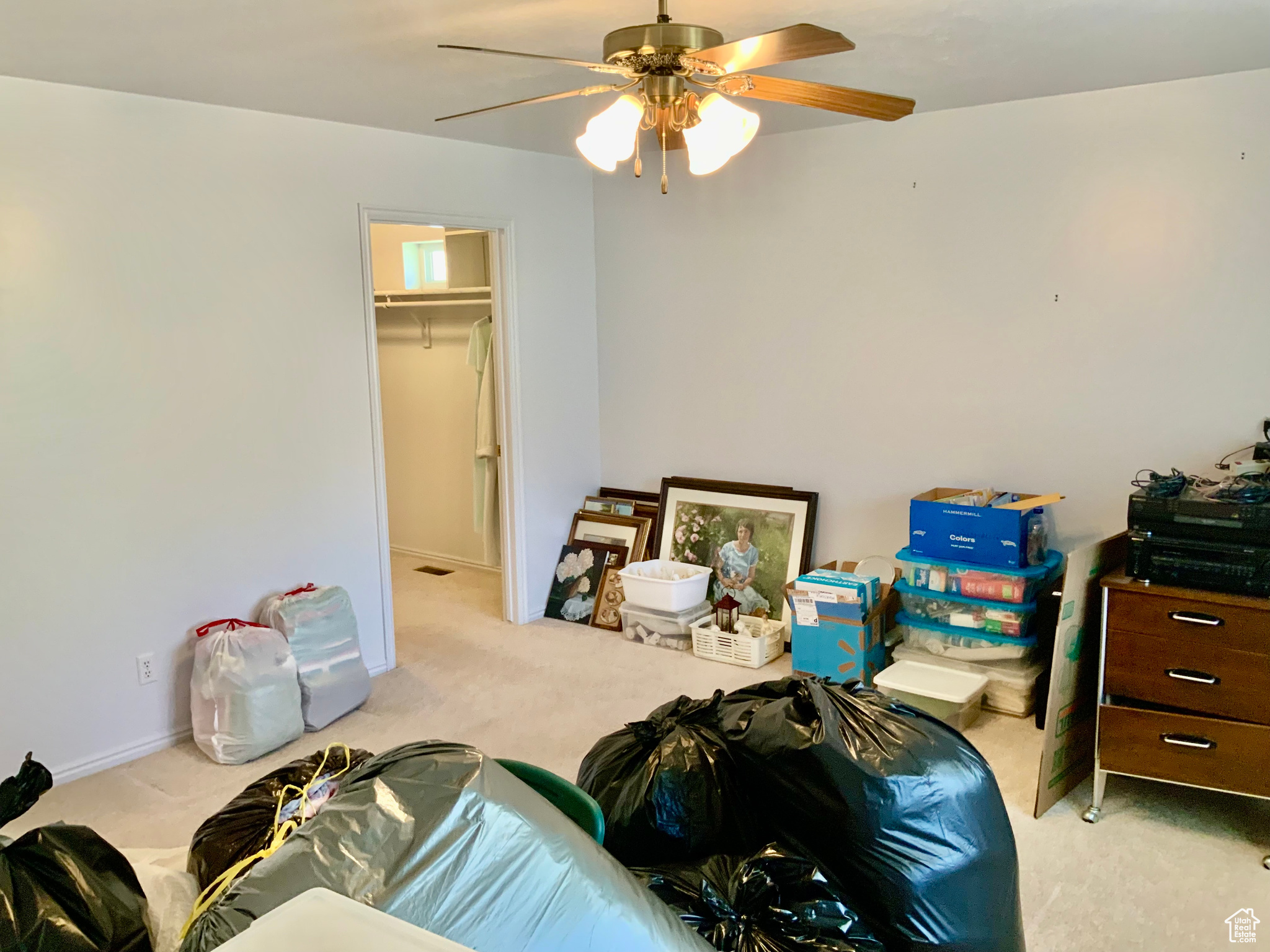 Interior space with light colored carpet and ceiling fan