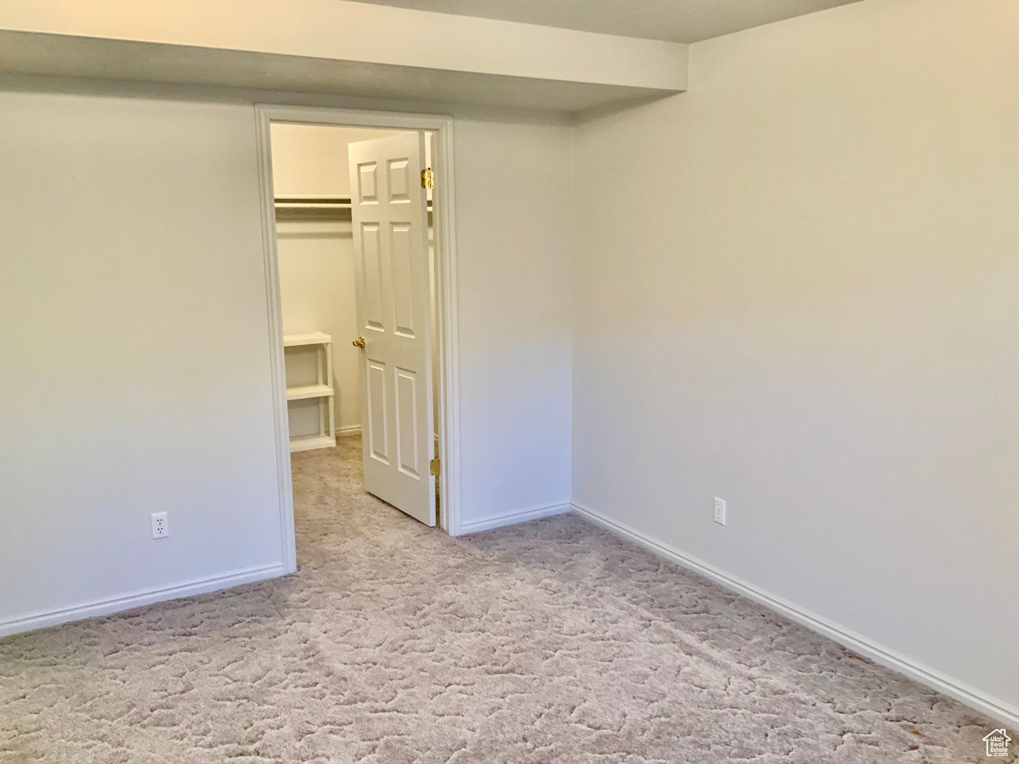 Unfurnished bedroom featuring a closet, a spacious closet, and light colored carpet