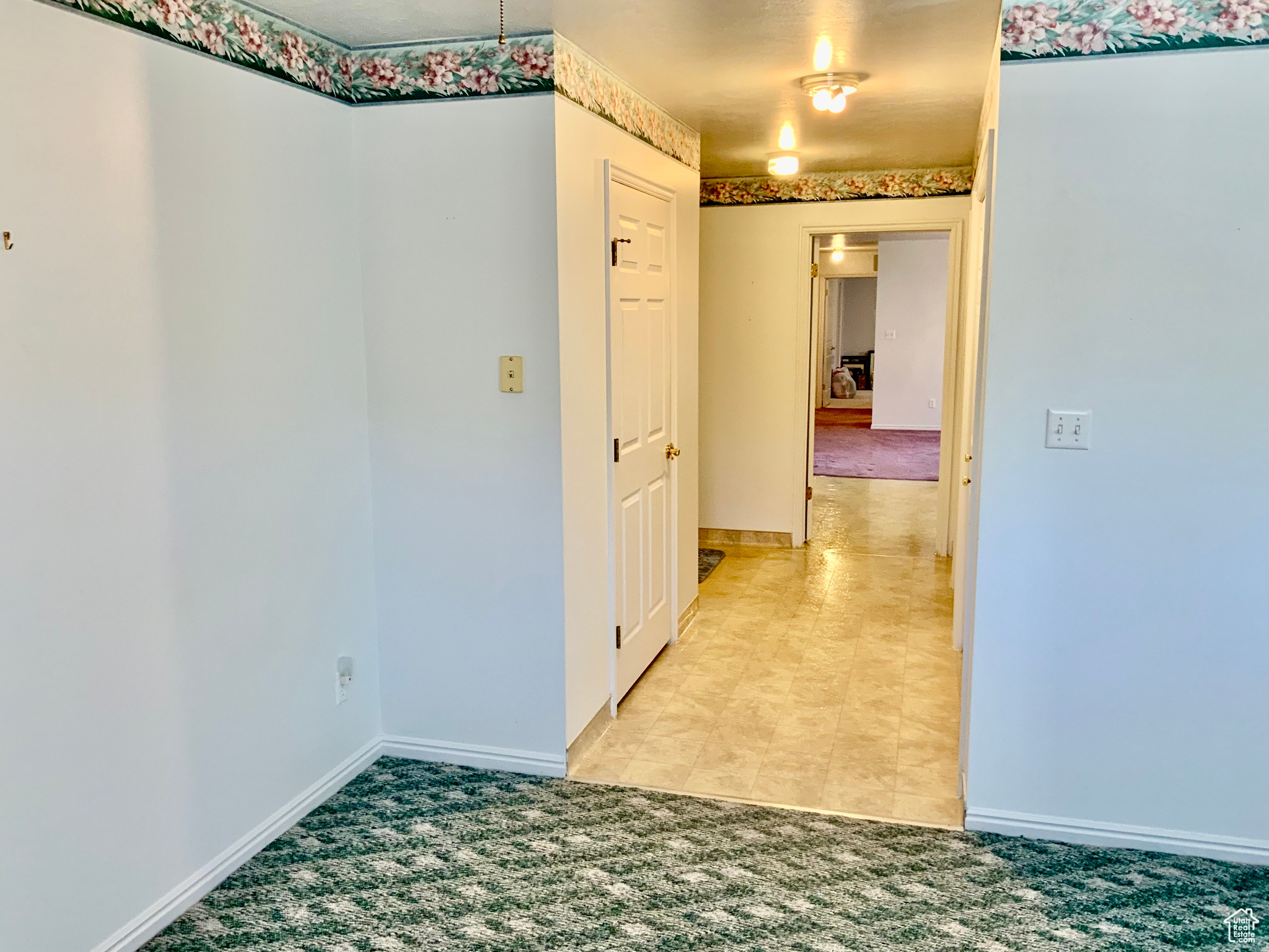 Interior space with light colored carpet