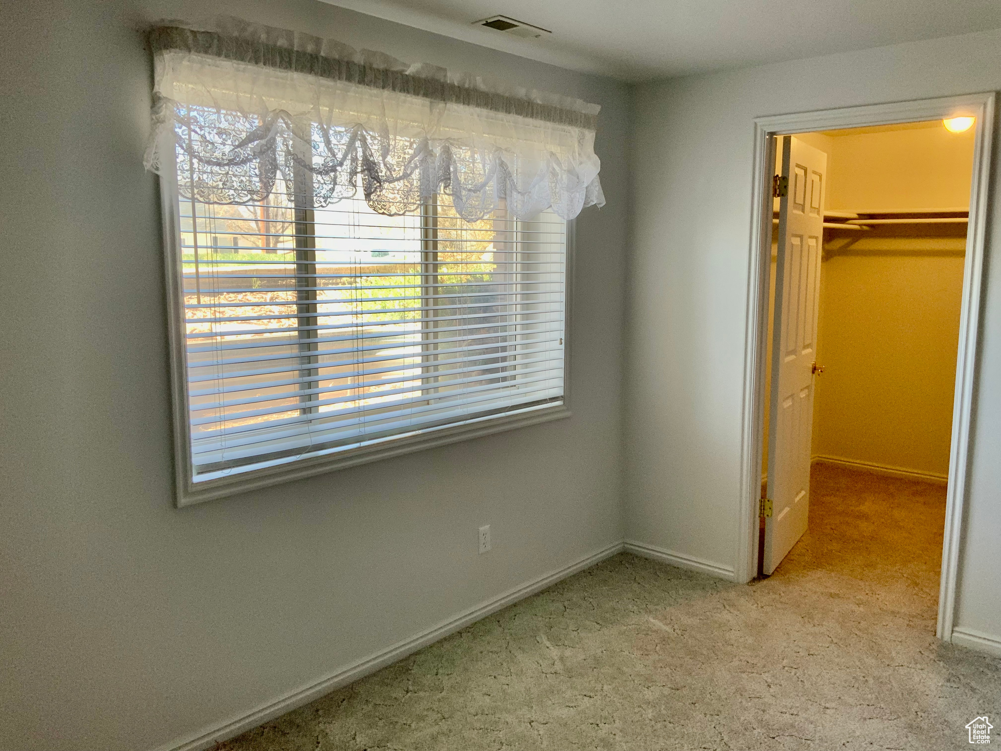 Unfurnished bedroom featuring a spacious closet, light colored carpet, and a closet