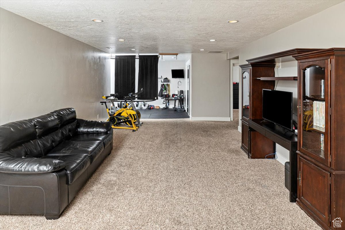 Living room featuring a textured ceiling and light colored carpet