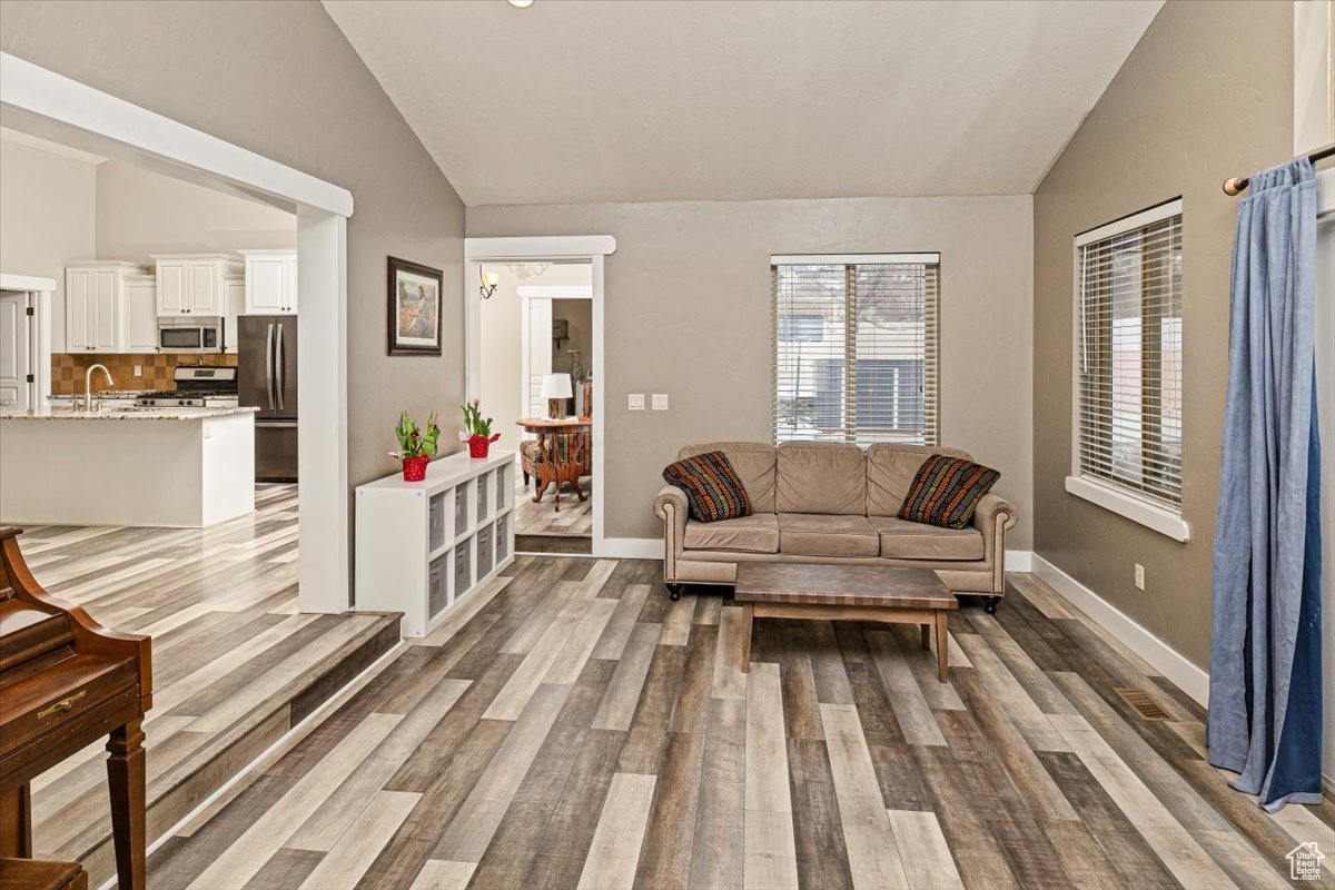 Living room with vaulted ceiling, sink, and dark hardwood / wood-style floors