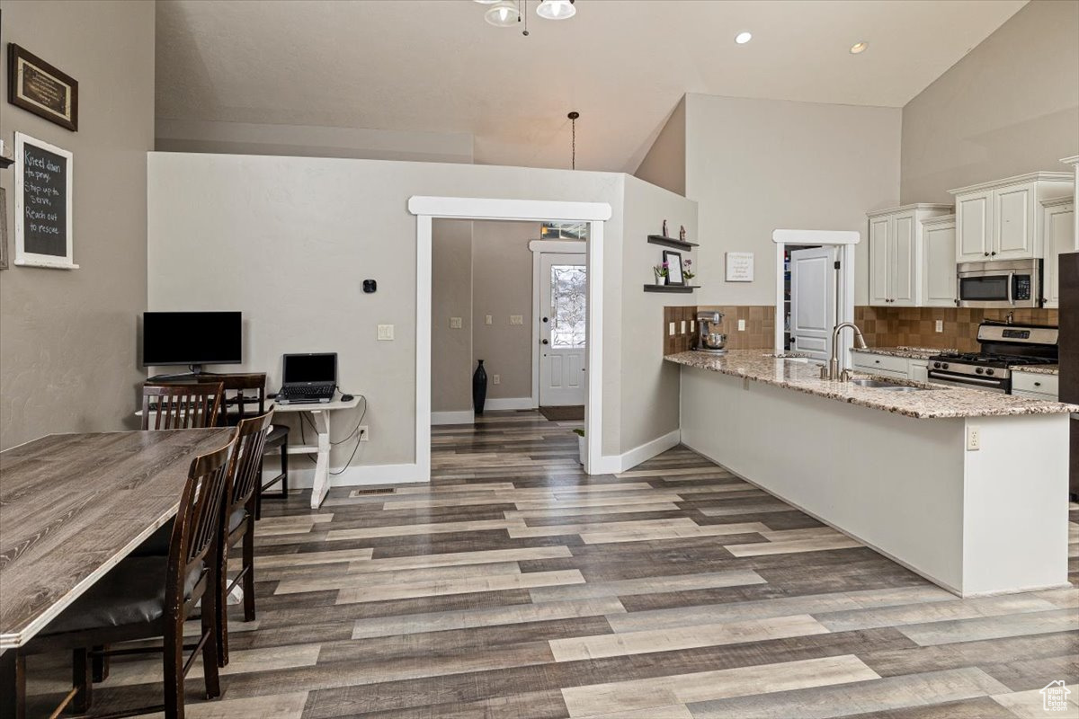 Kitchen featuring kitchen peninsula, stainless steel appliances, light stone countertops, sink, and dark hardwood / wood-style floors
