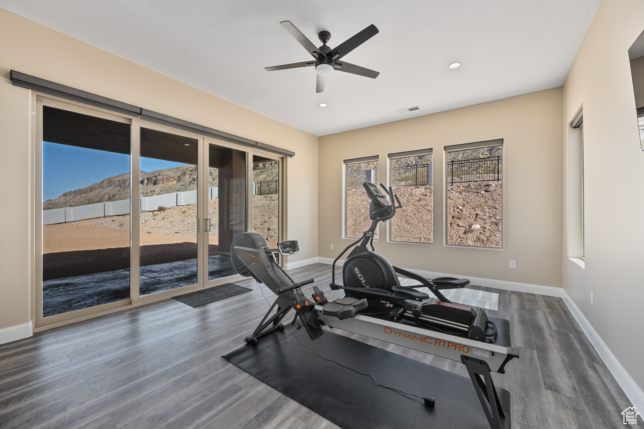 Exercise room with hardwood / wood-style floors and ceiling fan