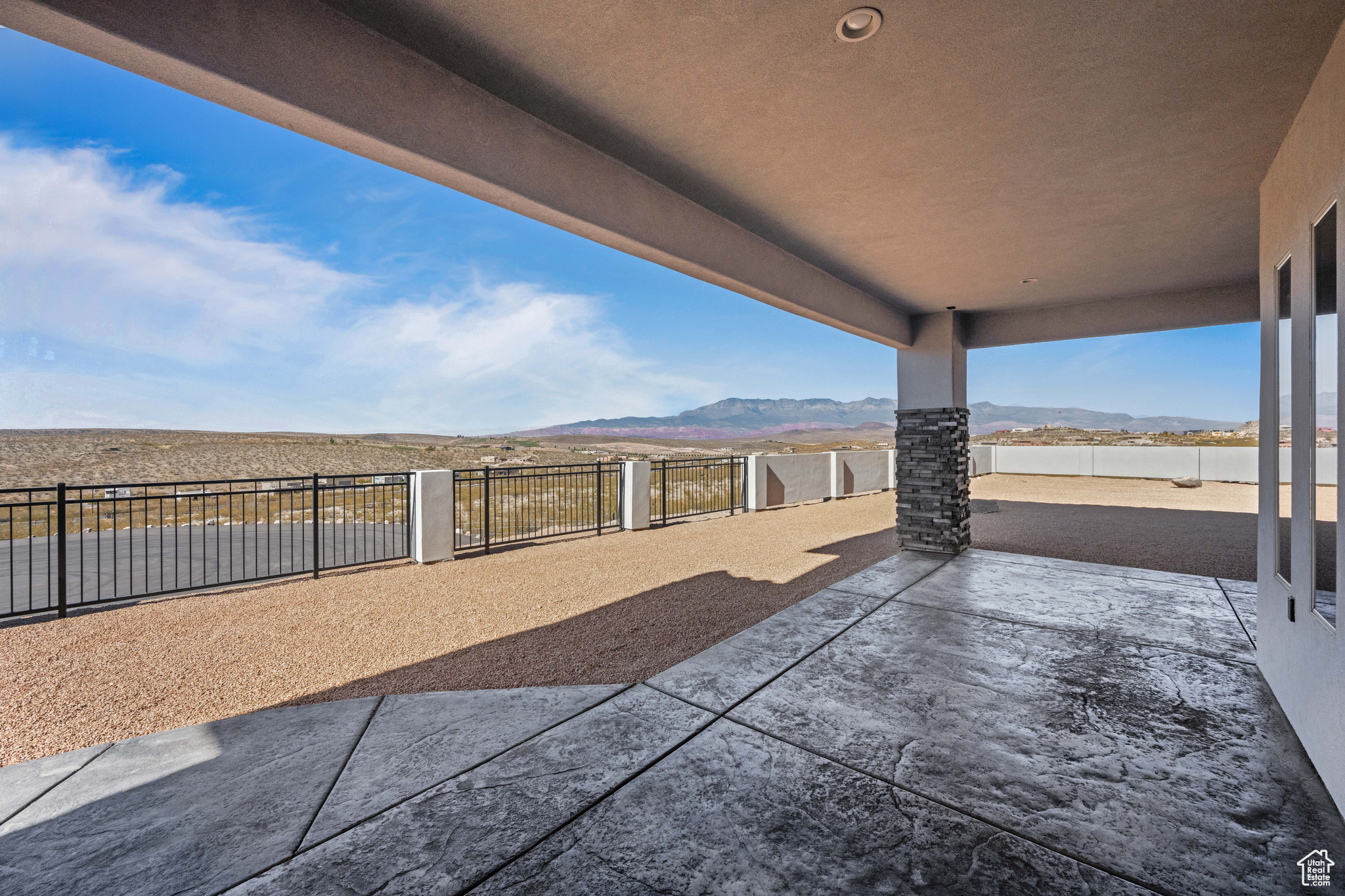 View of patio with a mountain view