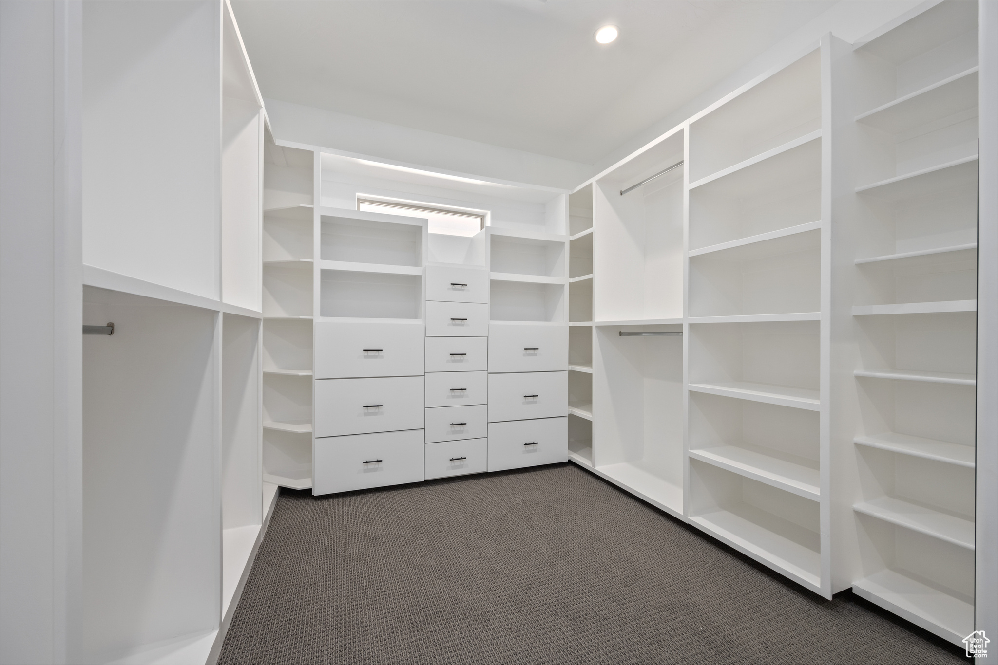 Spacious closet featuring dark colored carpet