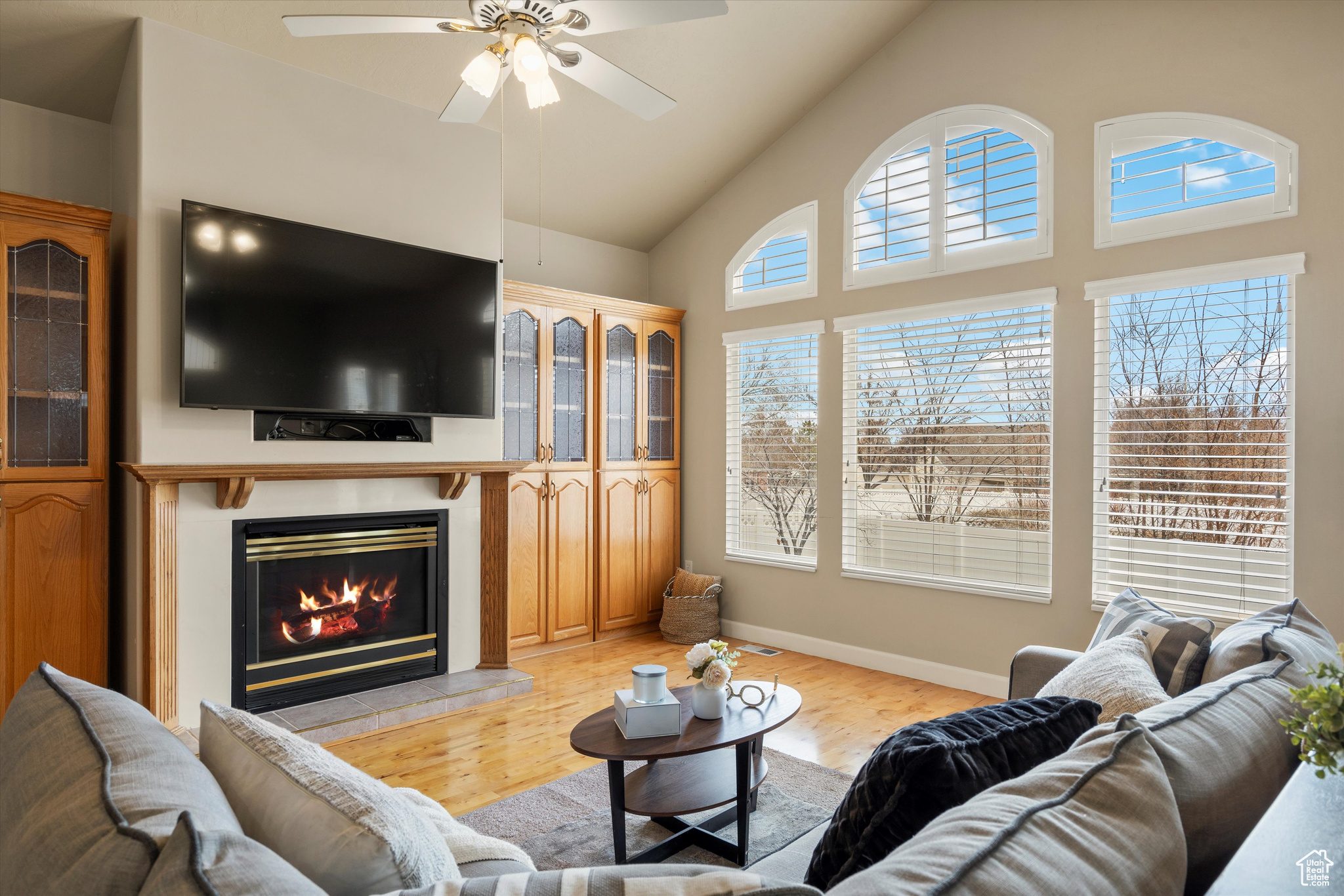 Living room with vaulted ceiling, ceiling fan, and light hardwood / wood-style flooring