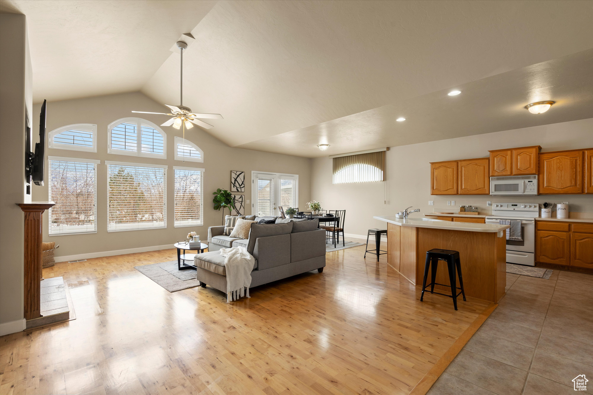 Living room with ceiling fan,  light wood-type flooring, and a wealth of natural light