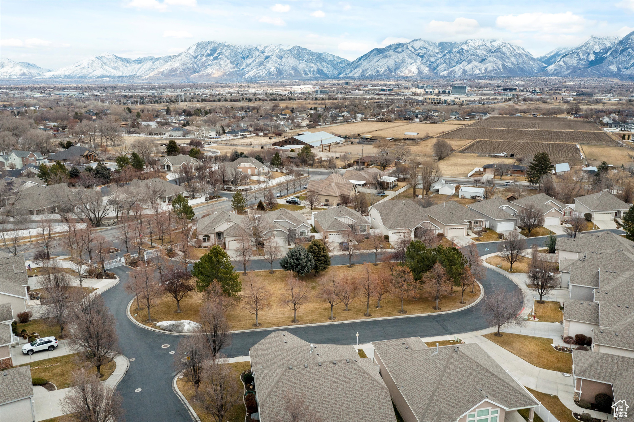 Aerial street view with a mountain view