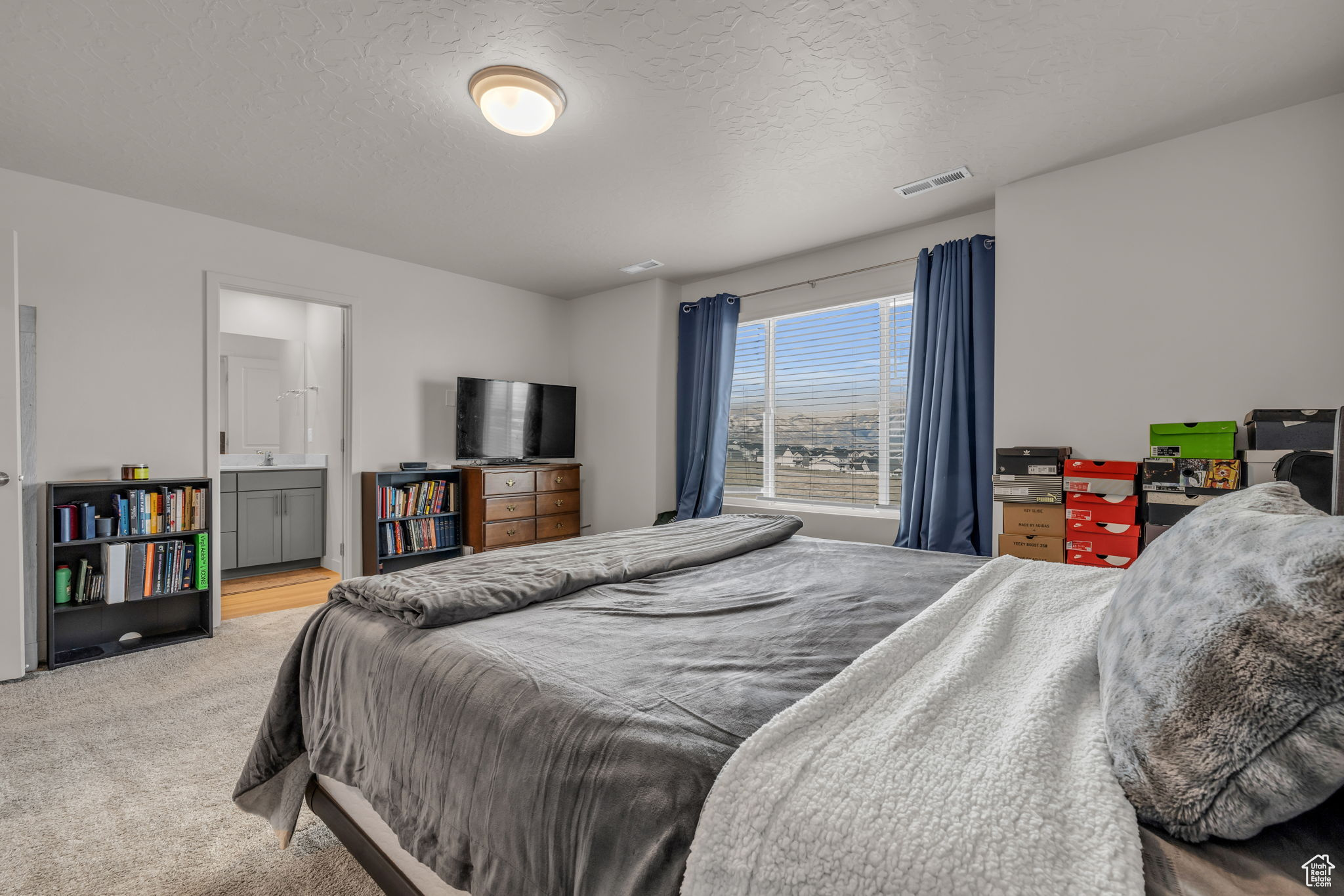 Carpeted bedroom featuring a textured ceiling and sink
