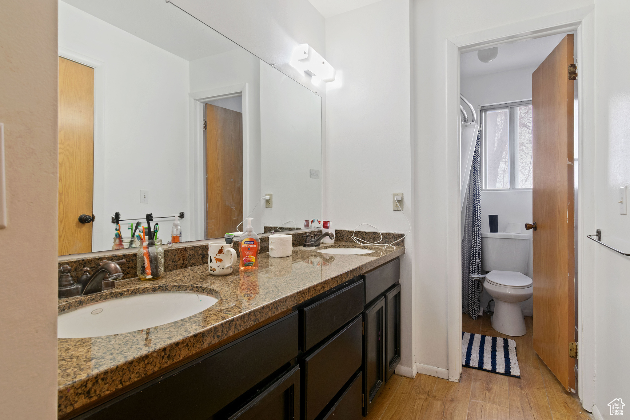 Full bath featuring double vanity, toilet, wood finished floors, and a sink