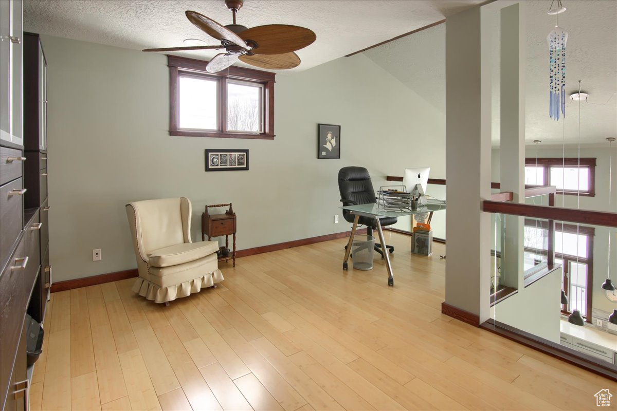 Office with a ceiling fan, plenty of natural light, light wood-style flooring, and a textured ceiling