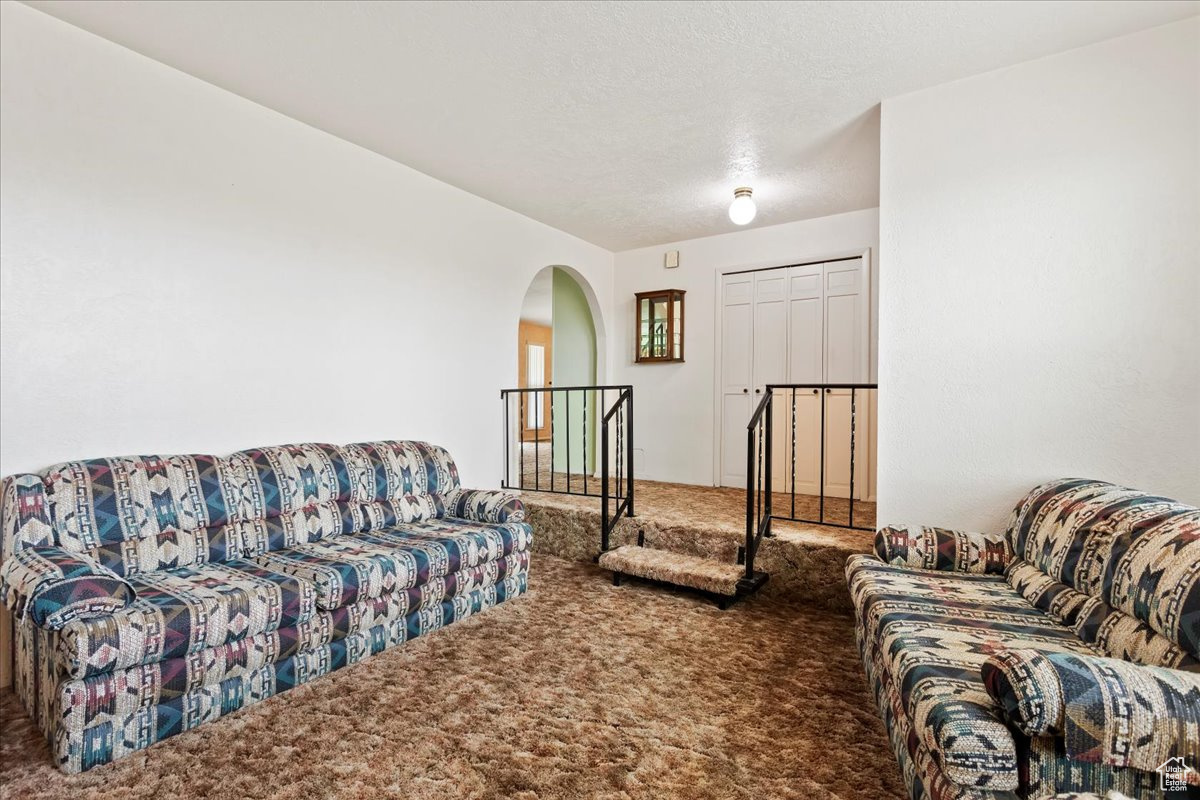 Living room with carpet floors, arched walkways, and a textured ceiling