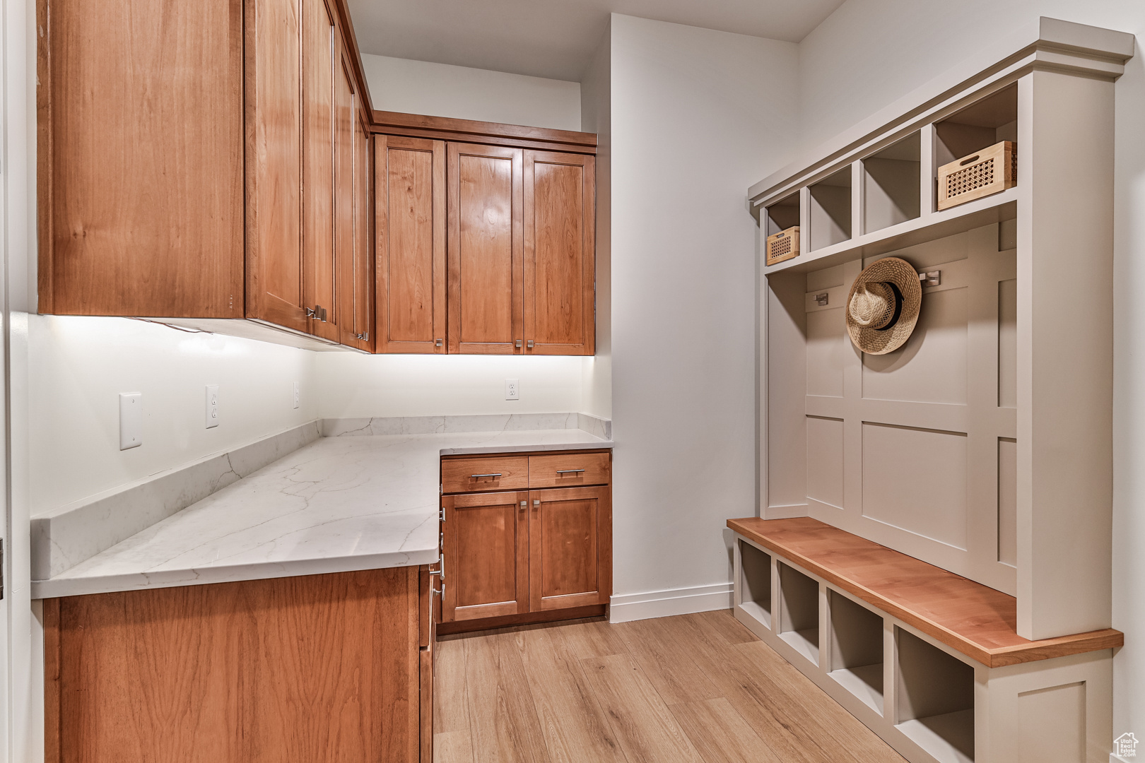 Mudroom with light hardwood / wood-style flooring