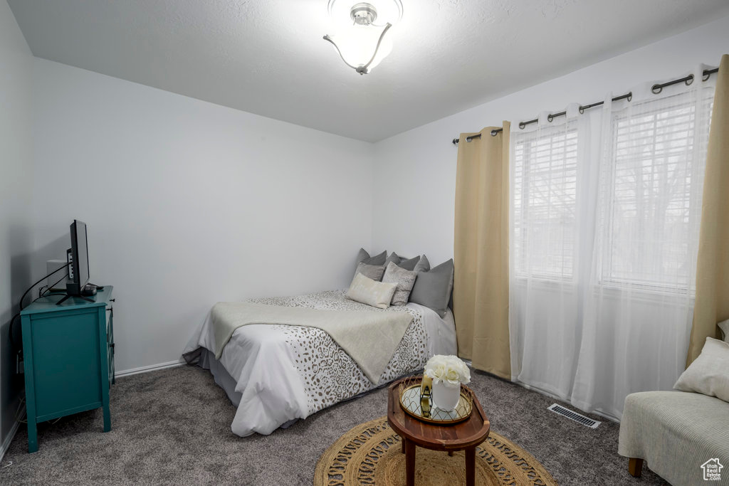 Carpeted bedroom featuring visible vents
