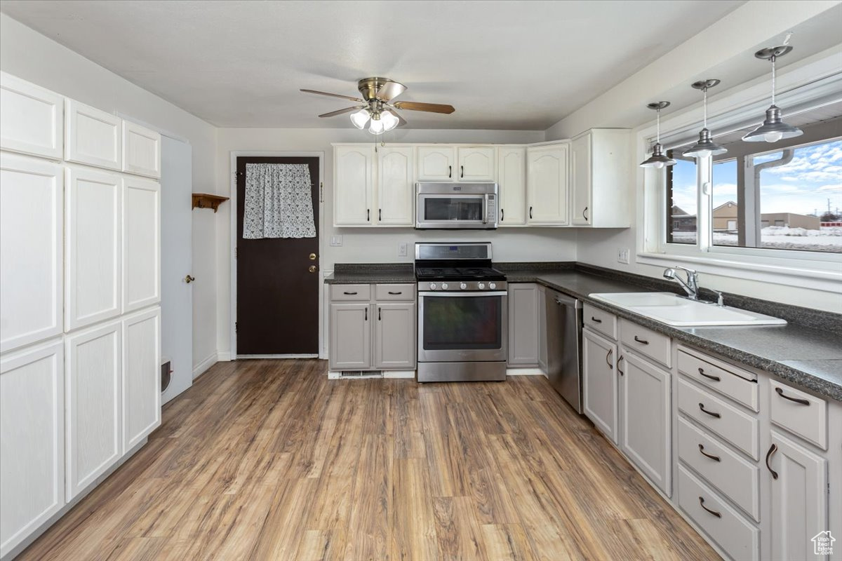 Kitchen featuring white cabinets, dark wood finished floors, dark countertops, stainless steel appliances, and a sink