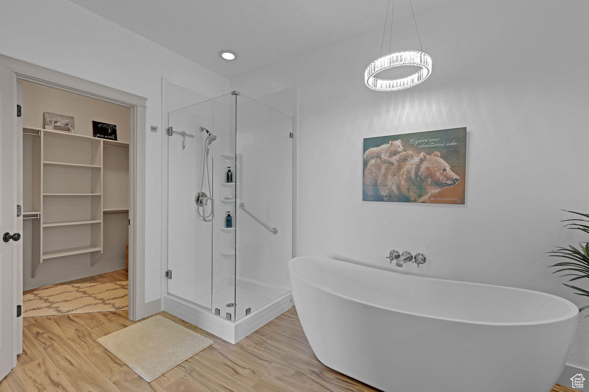 Bathroom featuring plus walk in shower and wood-type flooring