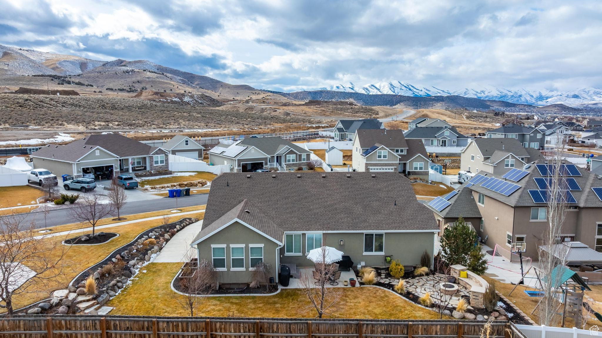 Birds eye view of property with a mountain view and a residential view