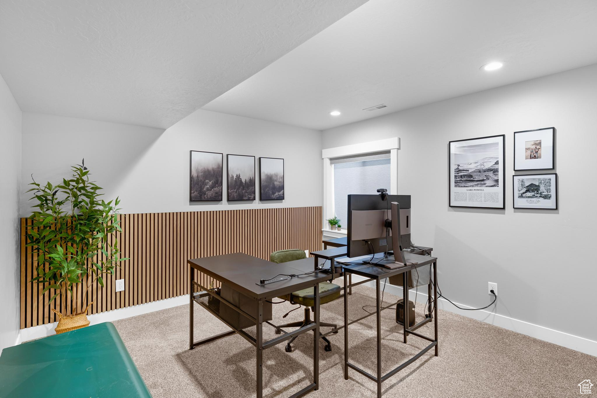 Carpeted home office or bedroom with closet