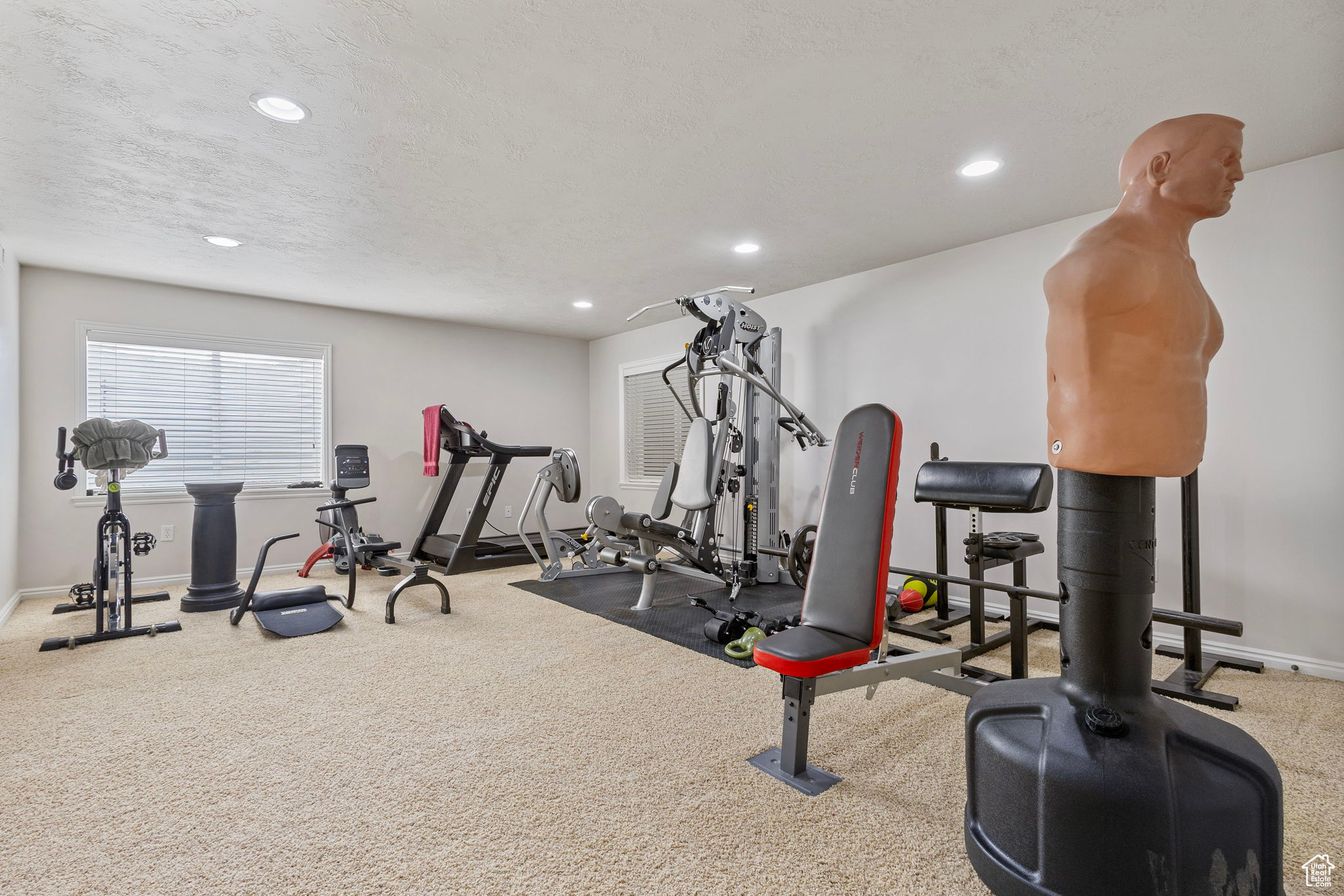 Exercise area with carpet floors and a textured ceiling