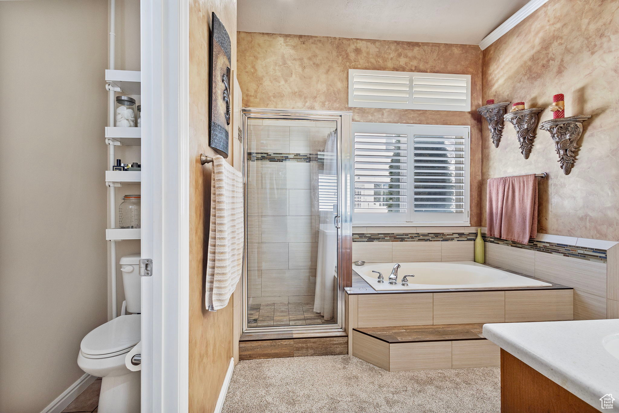 Full bathroom with toilet, vanity, and shower with separate bathtub