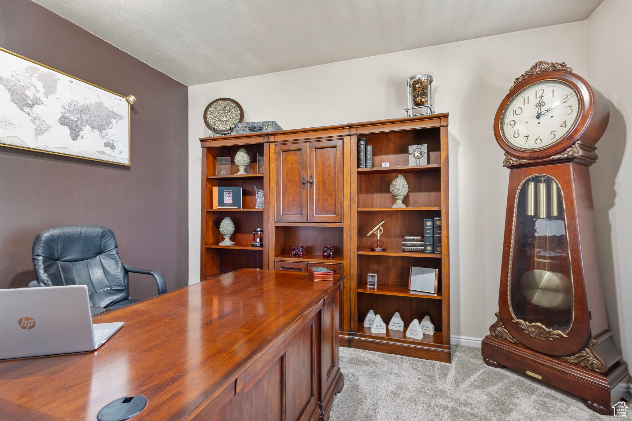 Office space featuring light colored carpet
