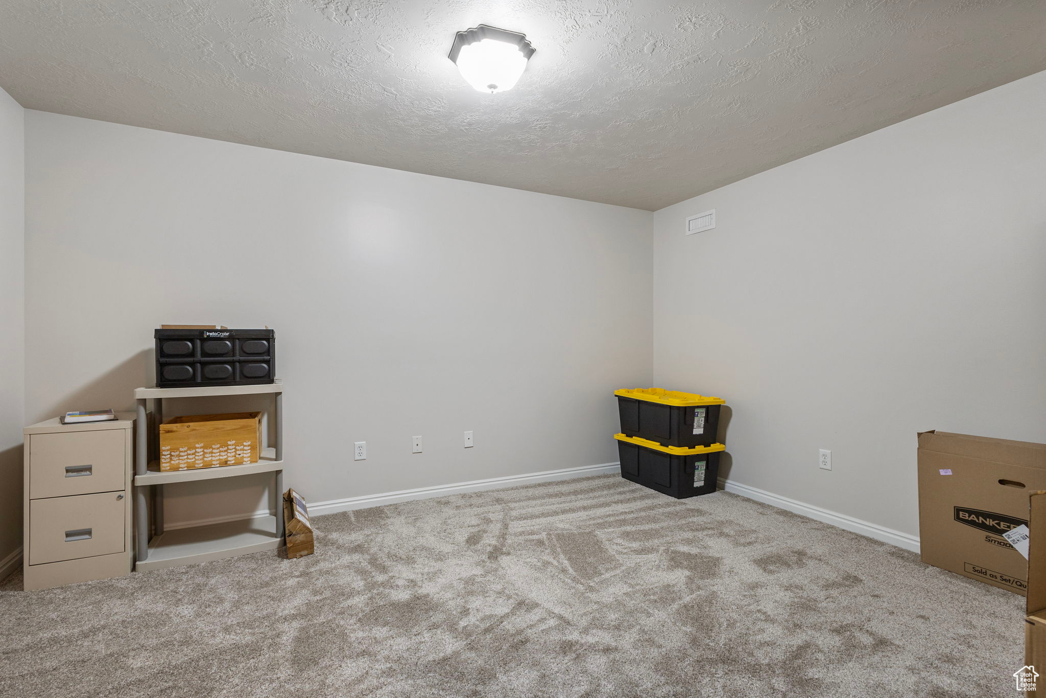 Miscellaneous room featuring a textured ceiling and light colored carpet