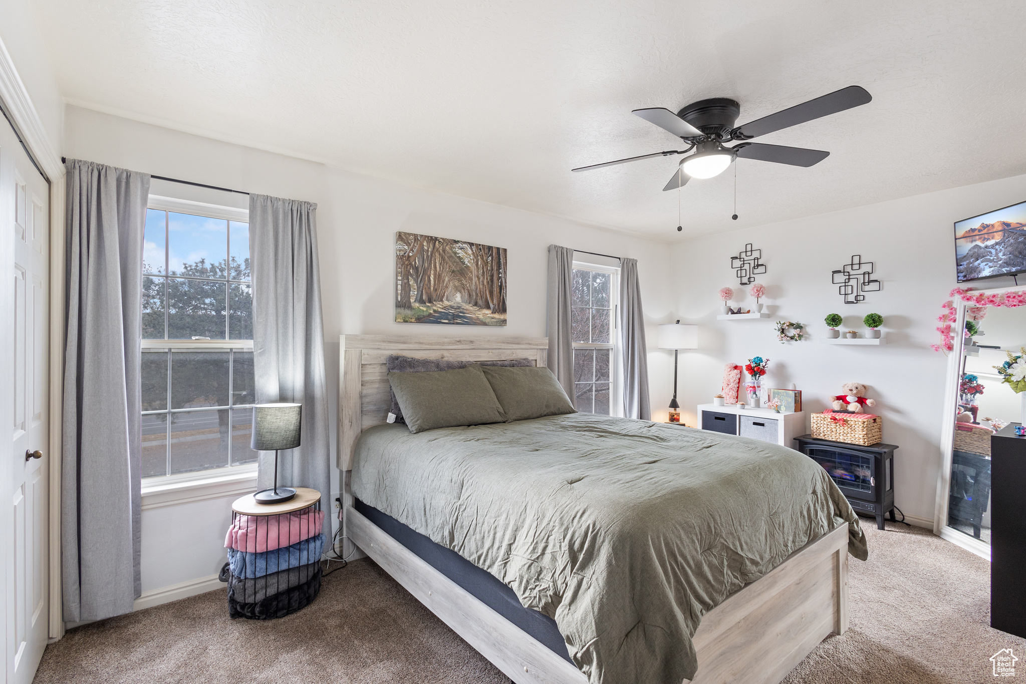 Carpeted bedroom with a closet and ceiling fan
