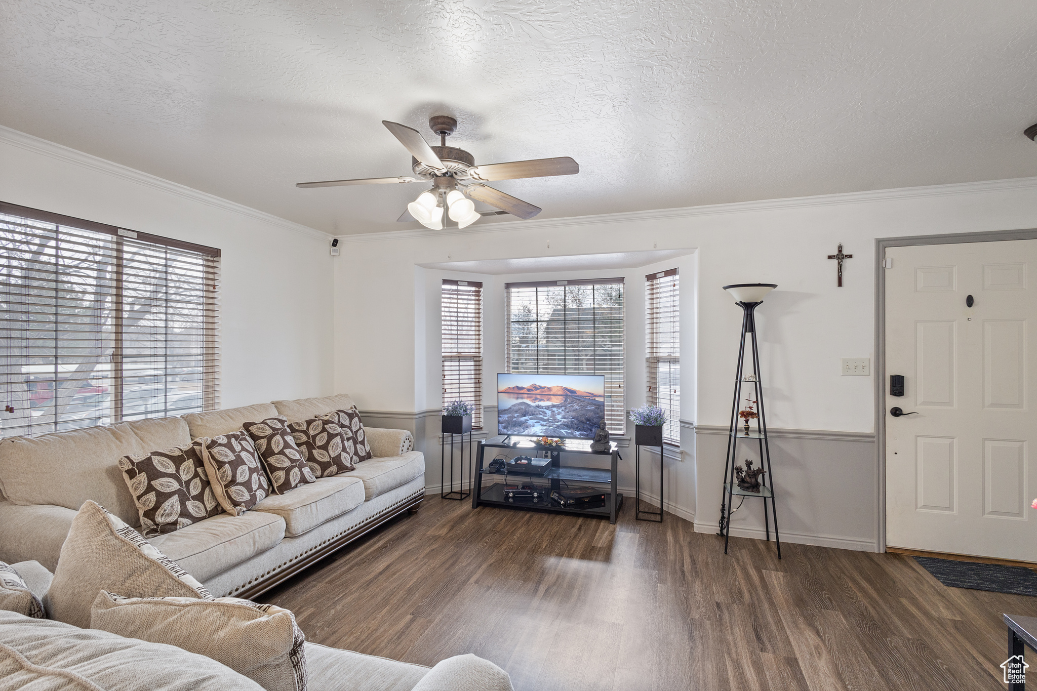 Living room with crown molding, ceiling fan, dark hardwood / wood-style floors, and a textured ceiling