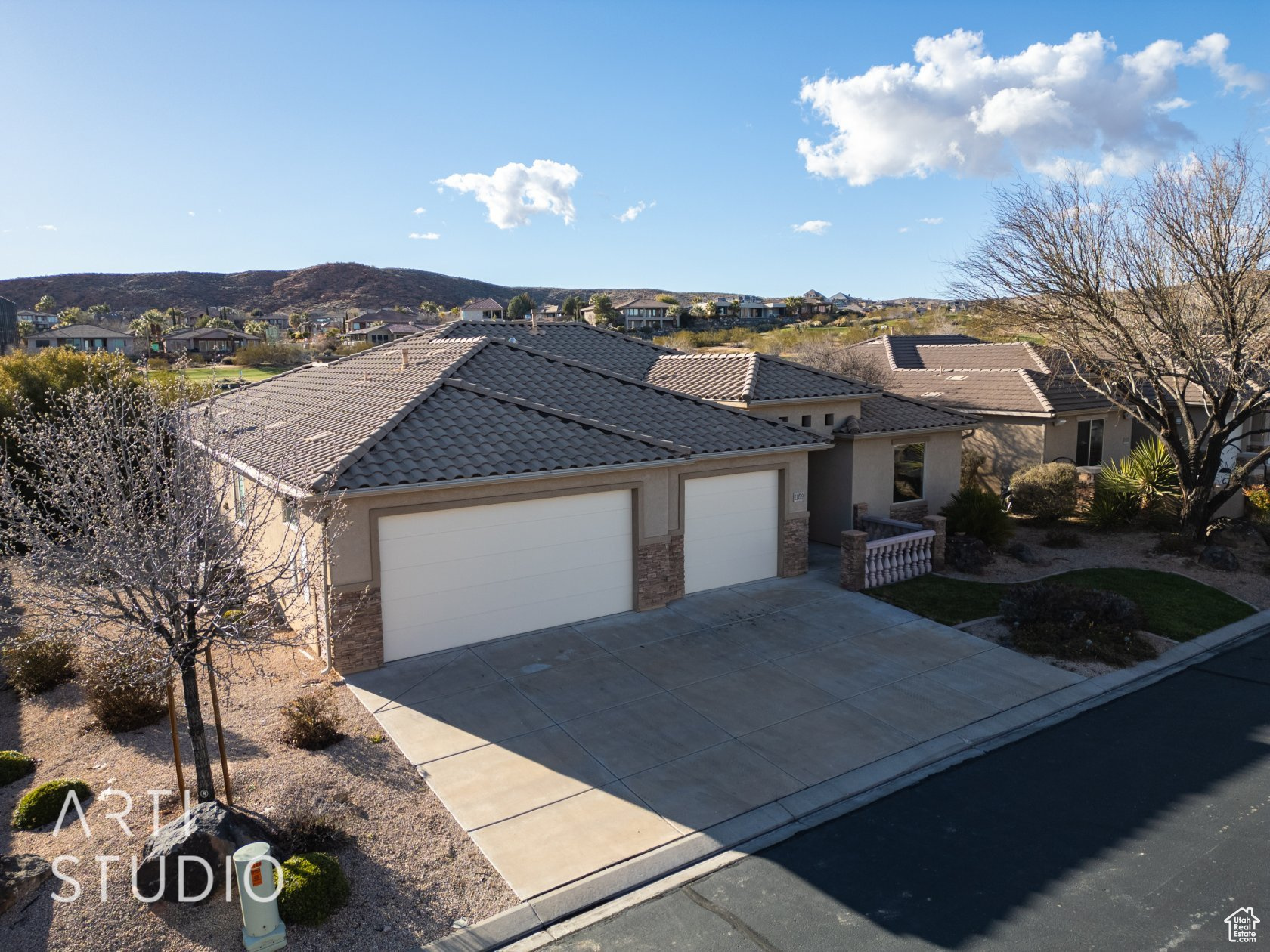 View of front of property featuring a mountain view and a garage