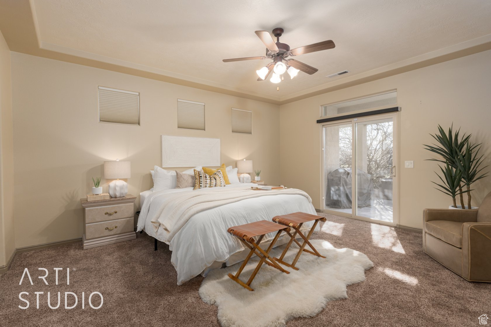 Bedroom featuring access to exterior, carpet floors, and ceiling fan