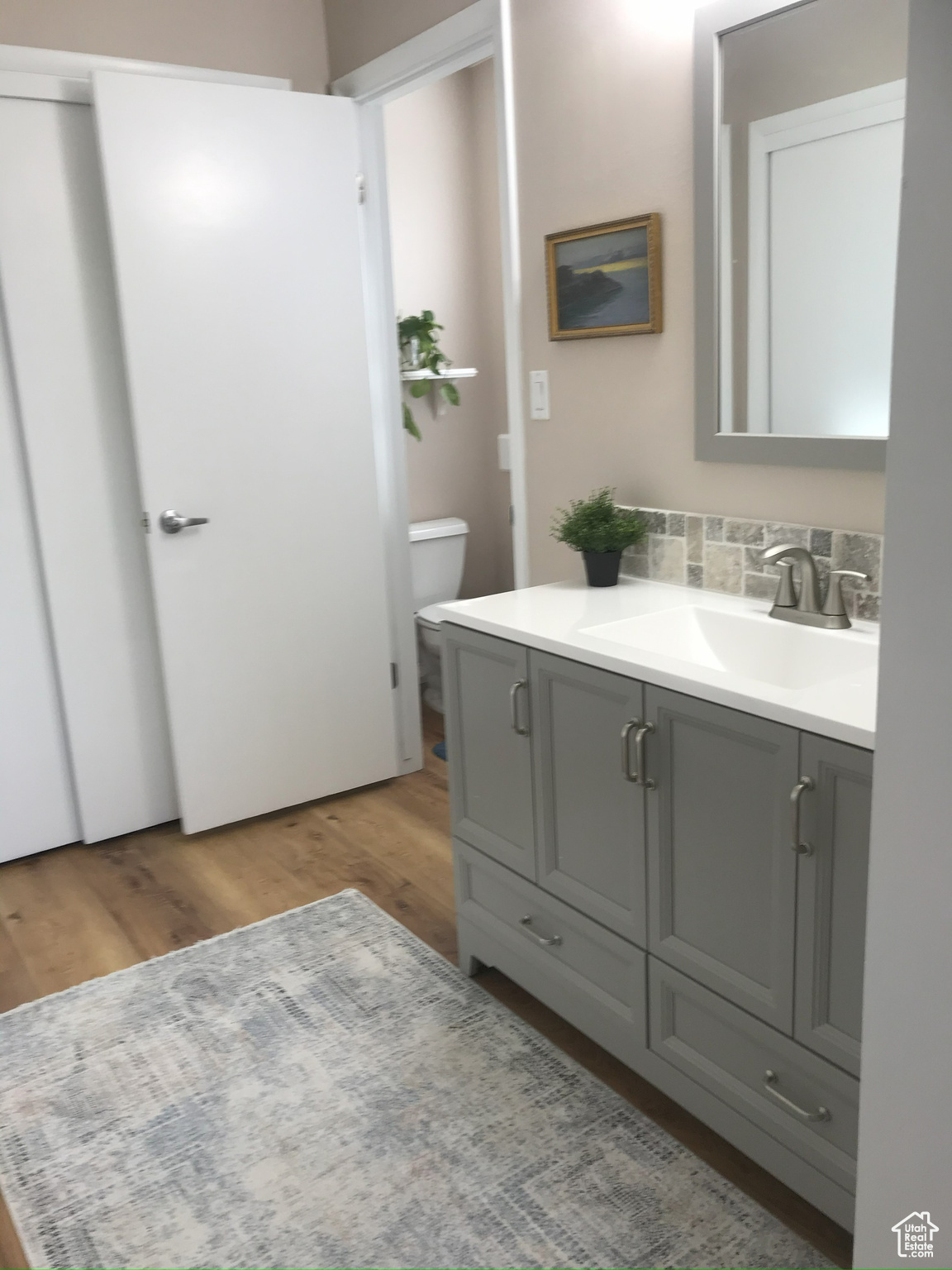 Half bathroom with toilet, vanity, decorative backsplash, and wood finished floors