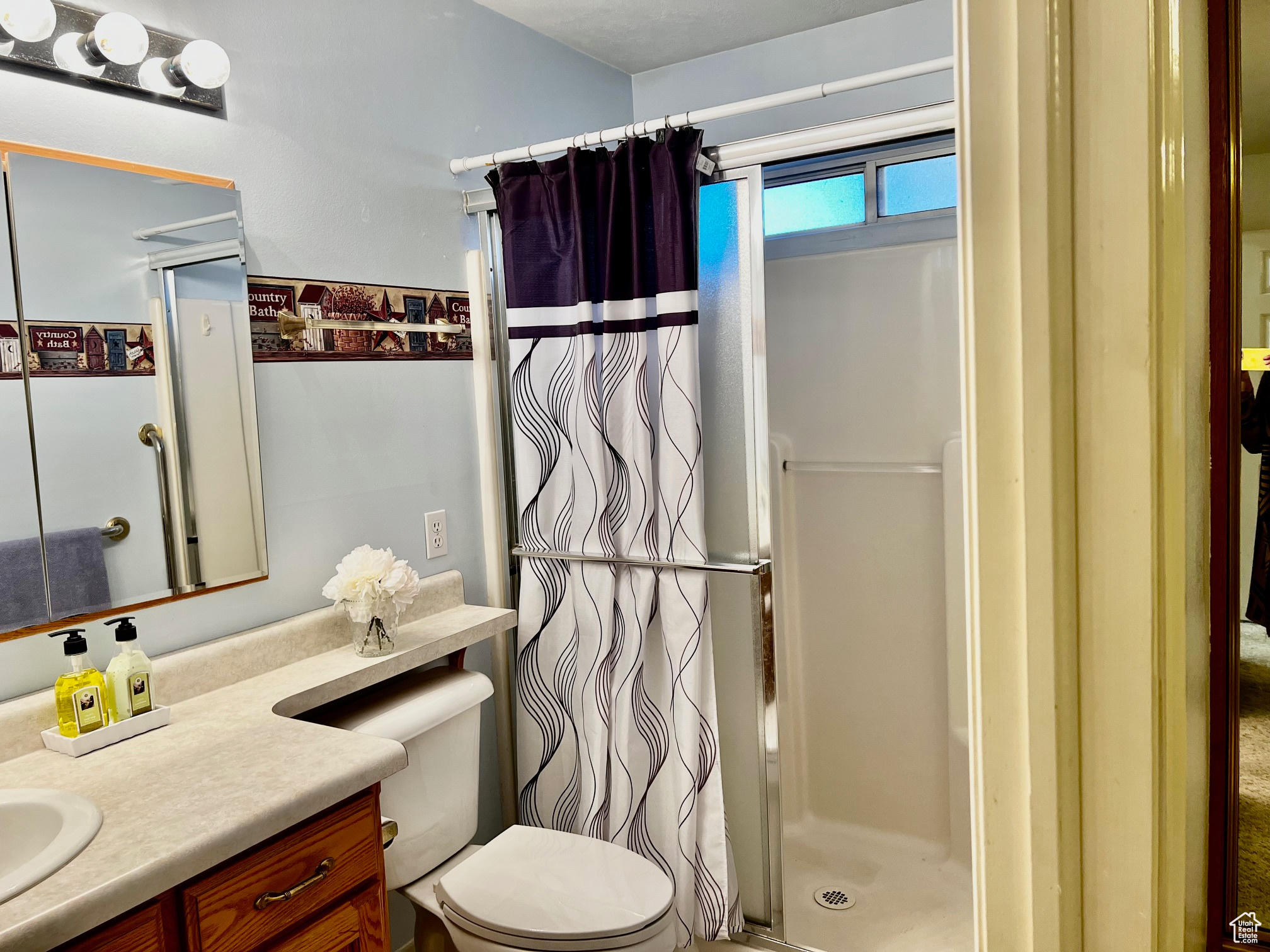 Bathroom with toilet, a shower stall, and vanity