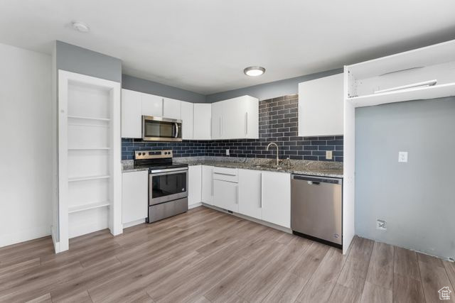 Kitchen featuring stainless steel appliances, a sink, white cabinetry, light wood-type flooring, and backsplash