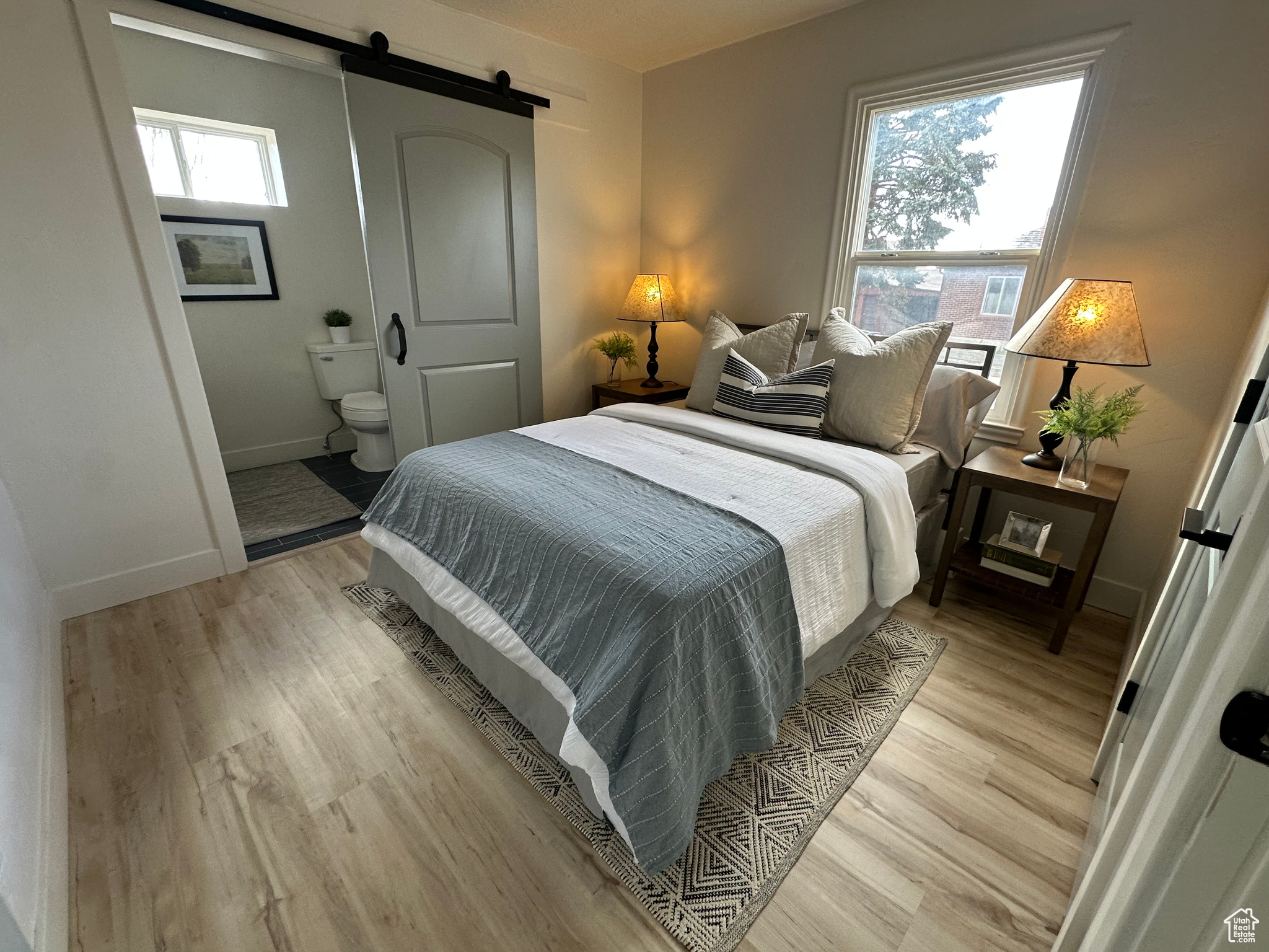 Bedroom featuring a barn door, multiple windows, baseboards, and light wood-style flooring