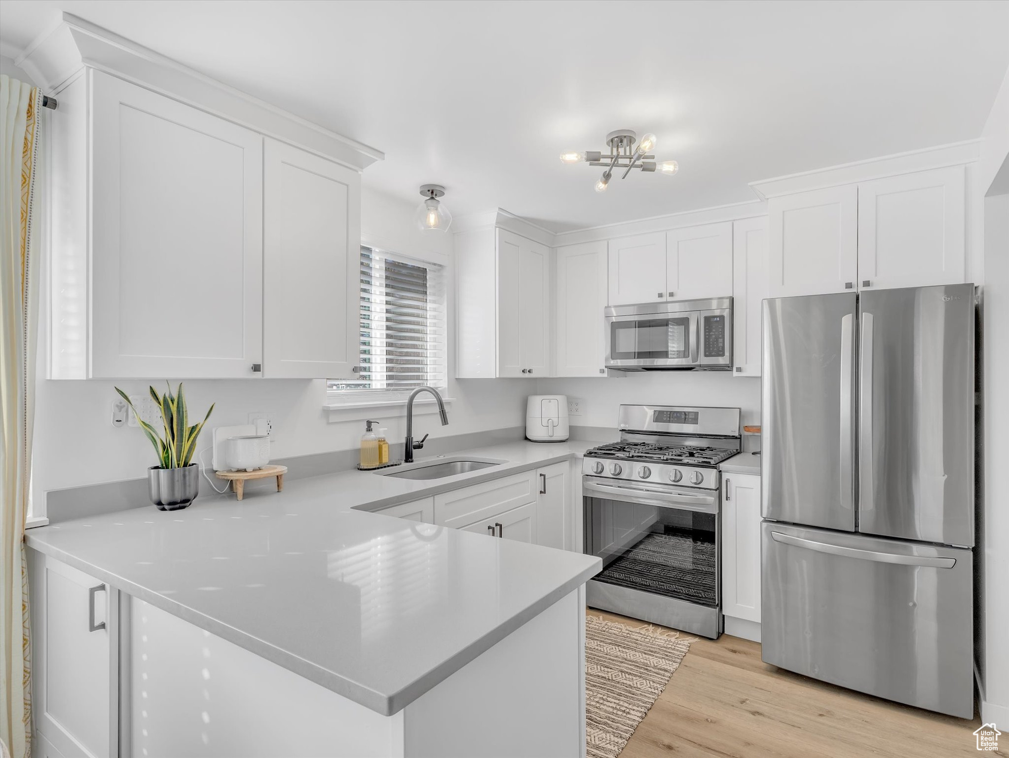 Kitchen with white cabinetry, stainless steel appliances, and light countertops