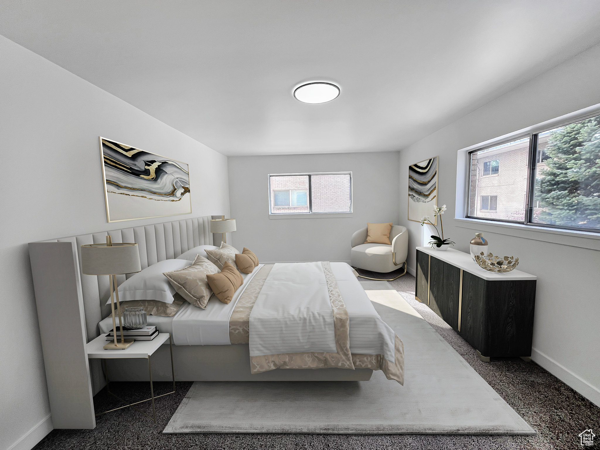 Virtually staged Master bedroom with new plush carpet and ample natural lighting
