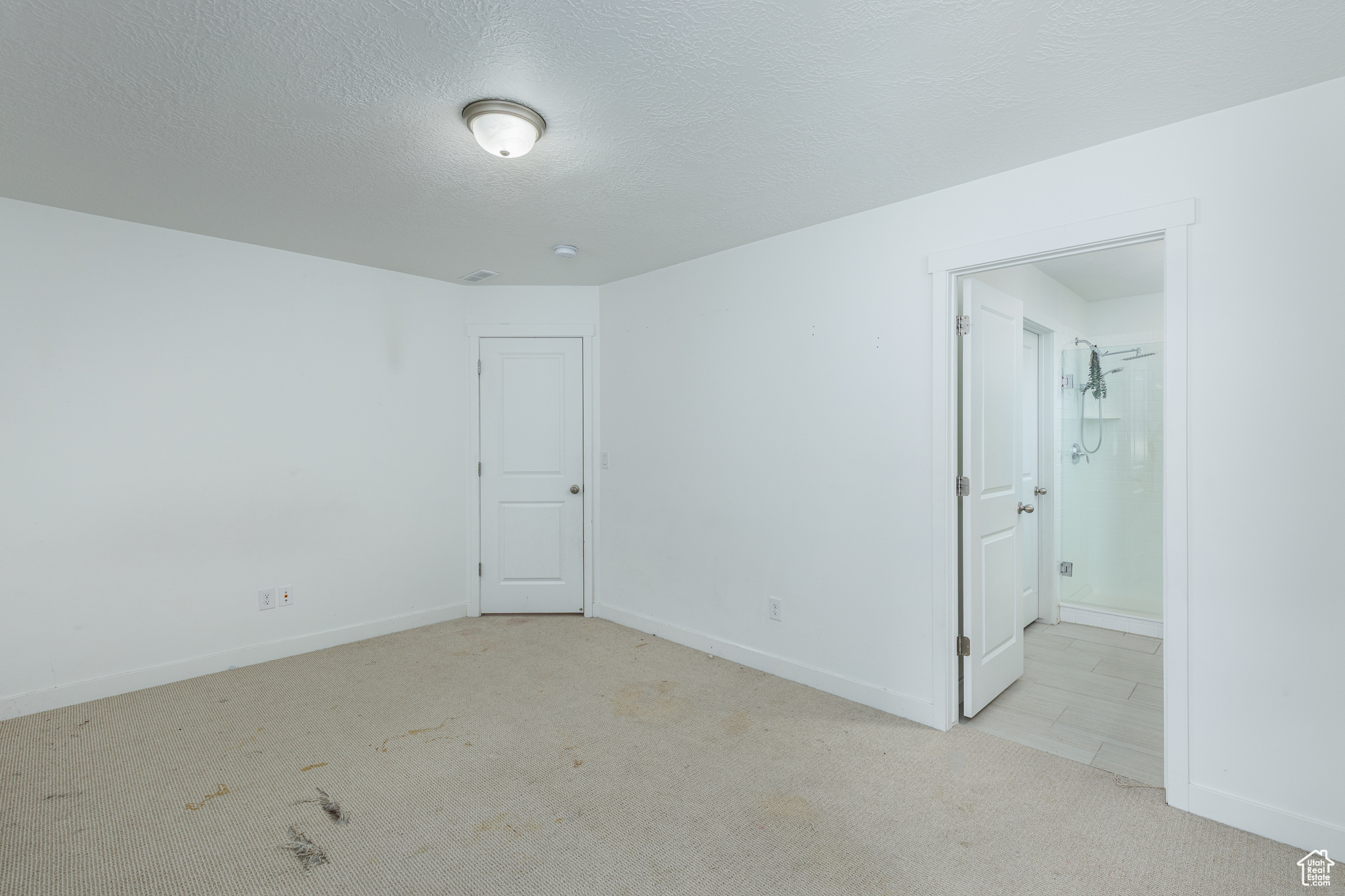 Spare room featuring light carpet, baseboards, and a textured ceiling
