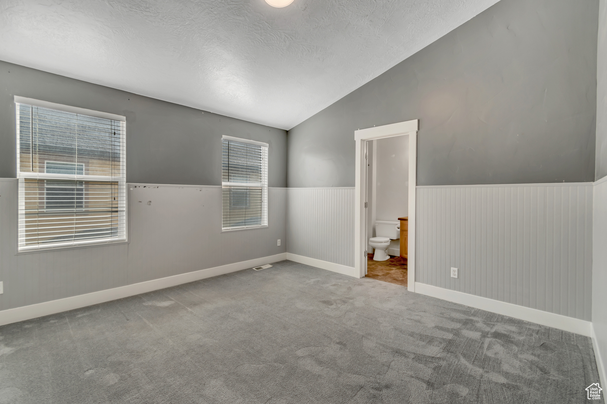 Unfurnished room with a wainscoted wall, carpet floors, a textured ceiling, and lofted ceiling